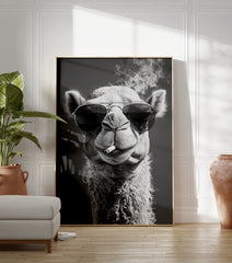 Black and white camel poster wearing sunglasses and smoking a cigarette, with smoke rising above its head. - Image 3