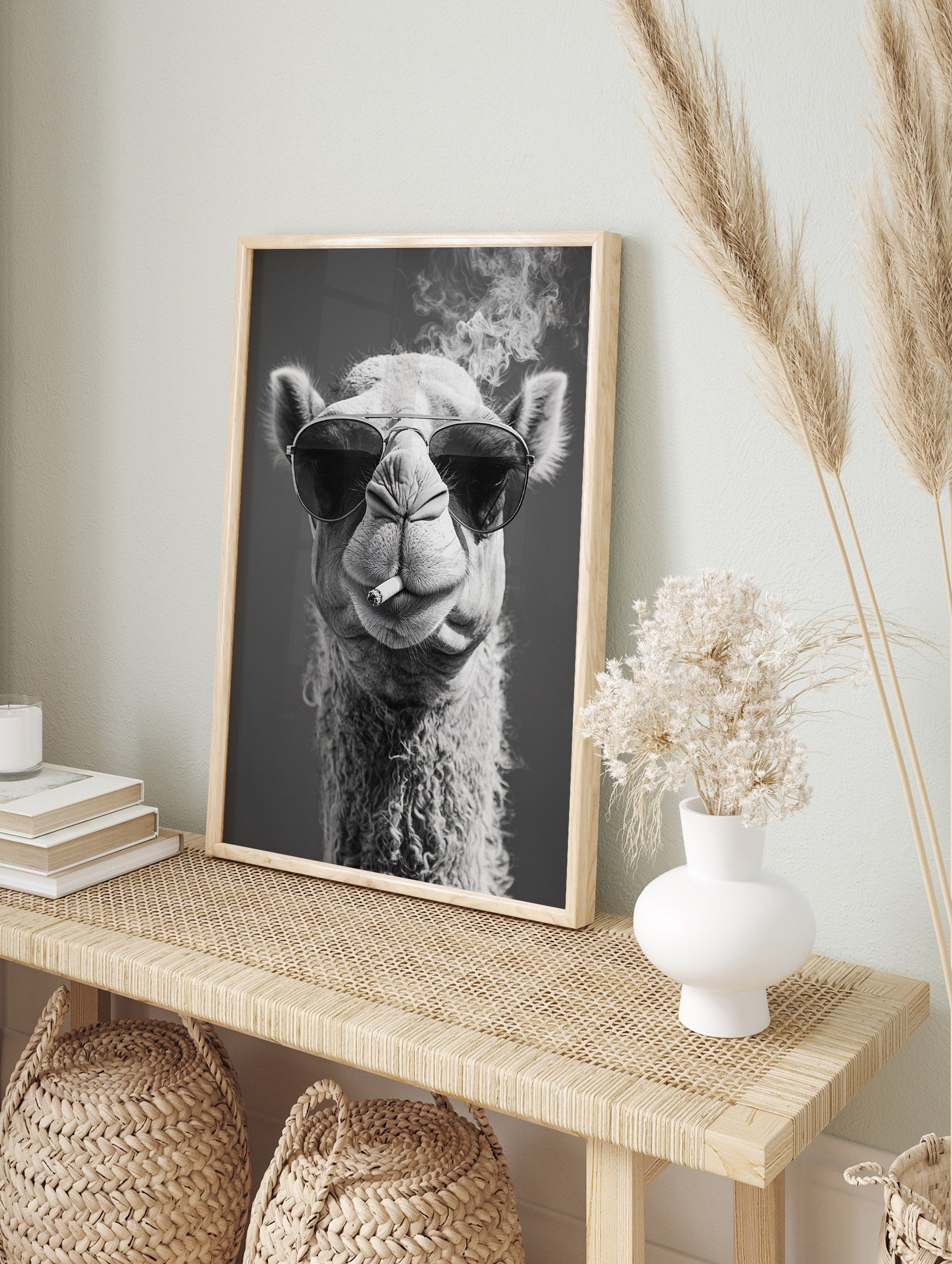 Black and white camel poster wearing sunglasses and smoking a cigarette, with smoke rising above its head. - Image 4