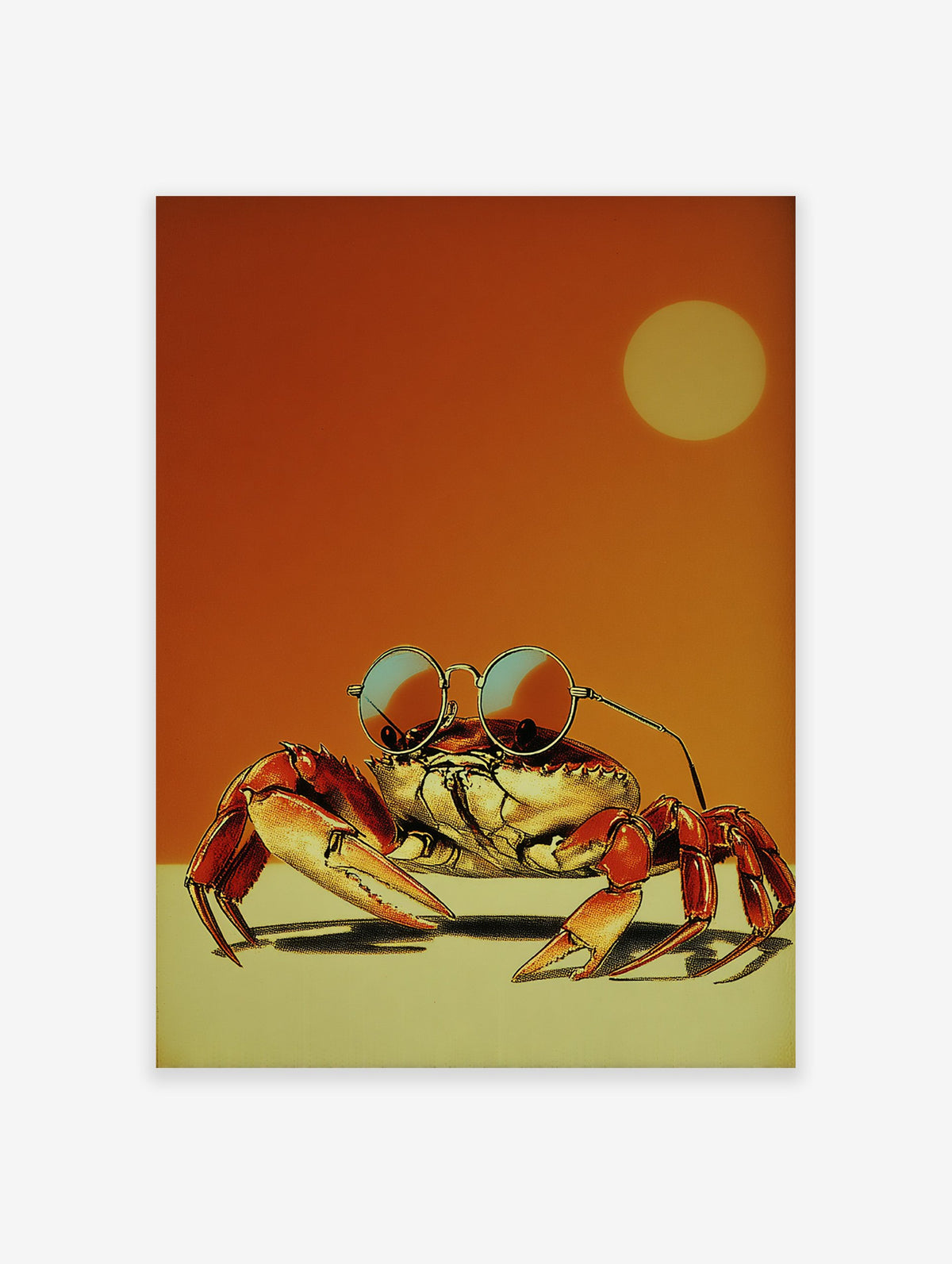 Retro illustration of a cool crab wearing round sunglasses with an orange sky and yellow sun in the background.