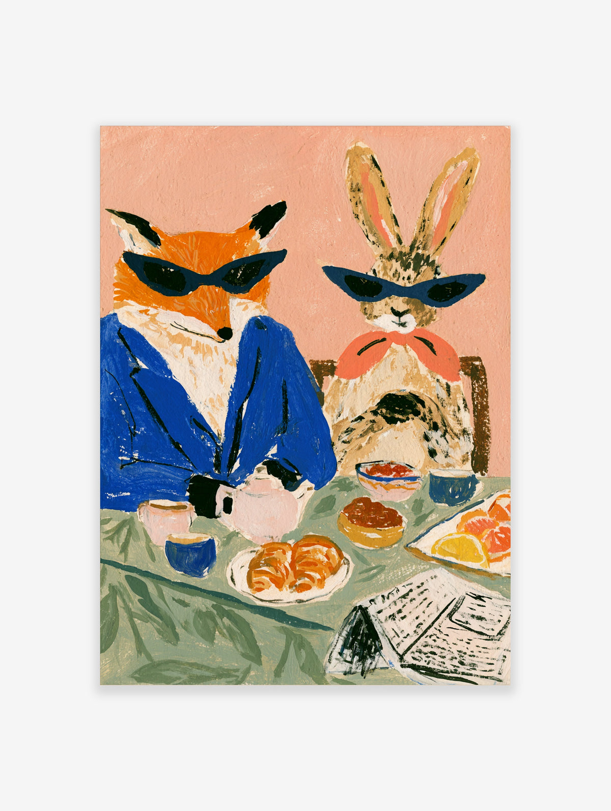 Fox and rabbit in sunglasses at a table with croissants and oranges, anthropomorphic animal art print