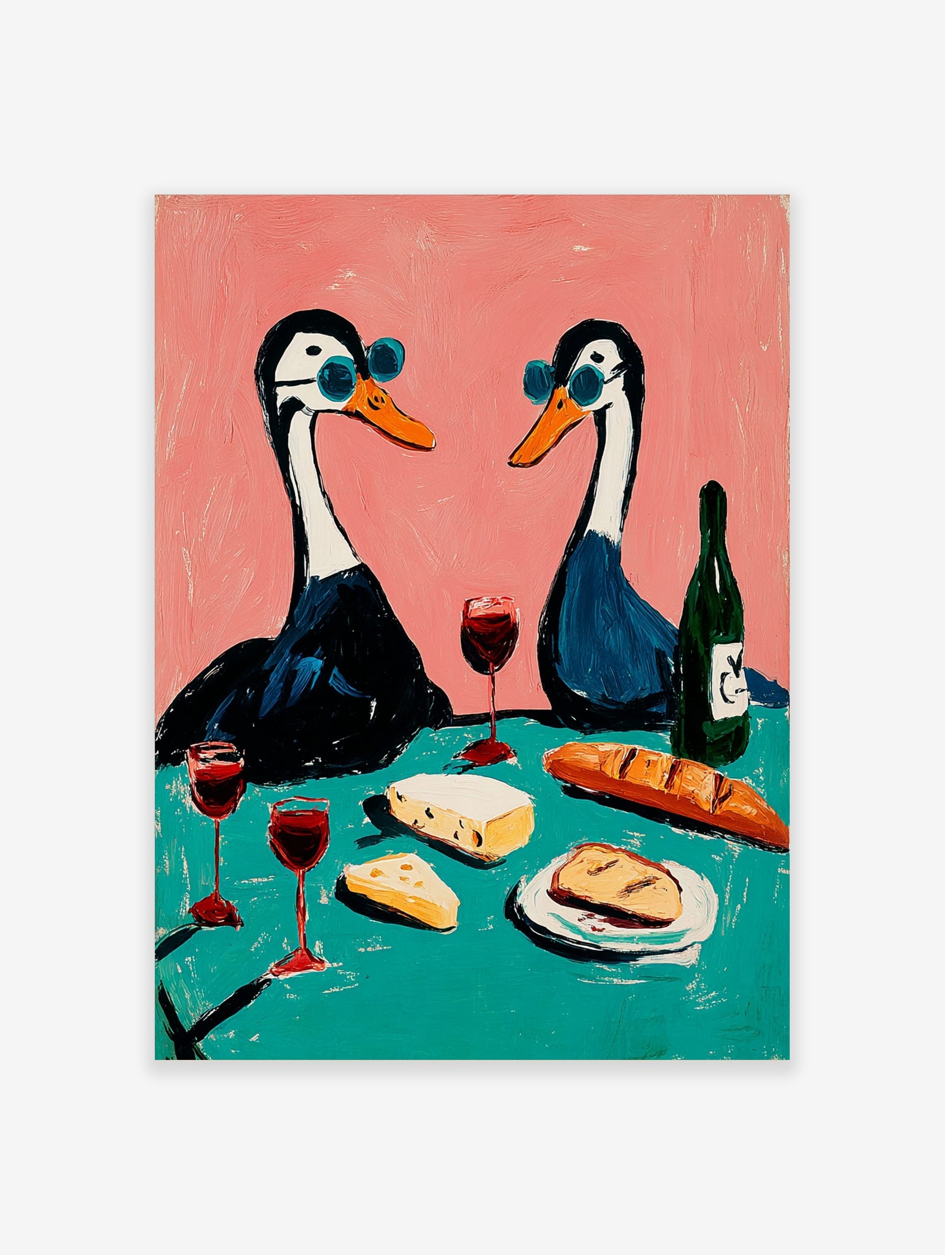 Illustrative art print of two geese in blue sunglasses having a picnic with wine, cheese, and baguette on a pink and teal