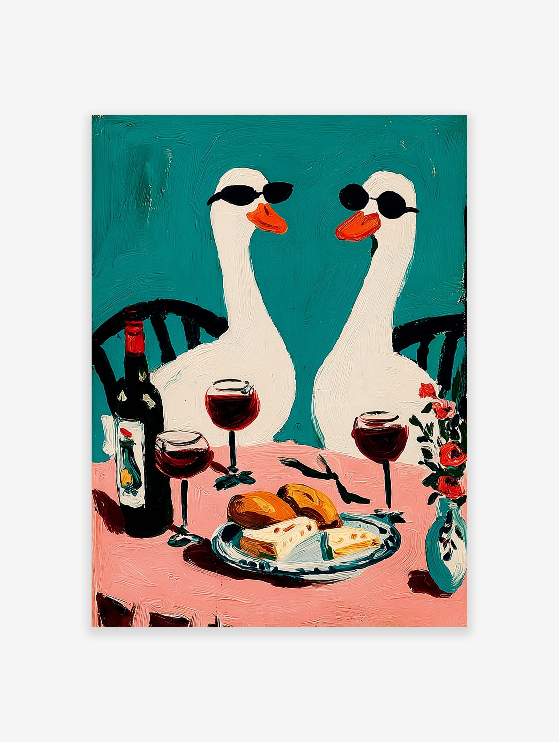 Two white geese in sunglasses at a pink table with wine and food, against a teal background, in an illustrative style