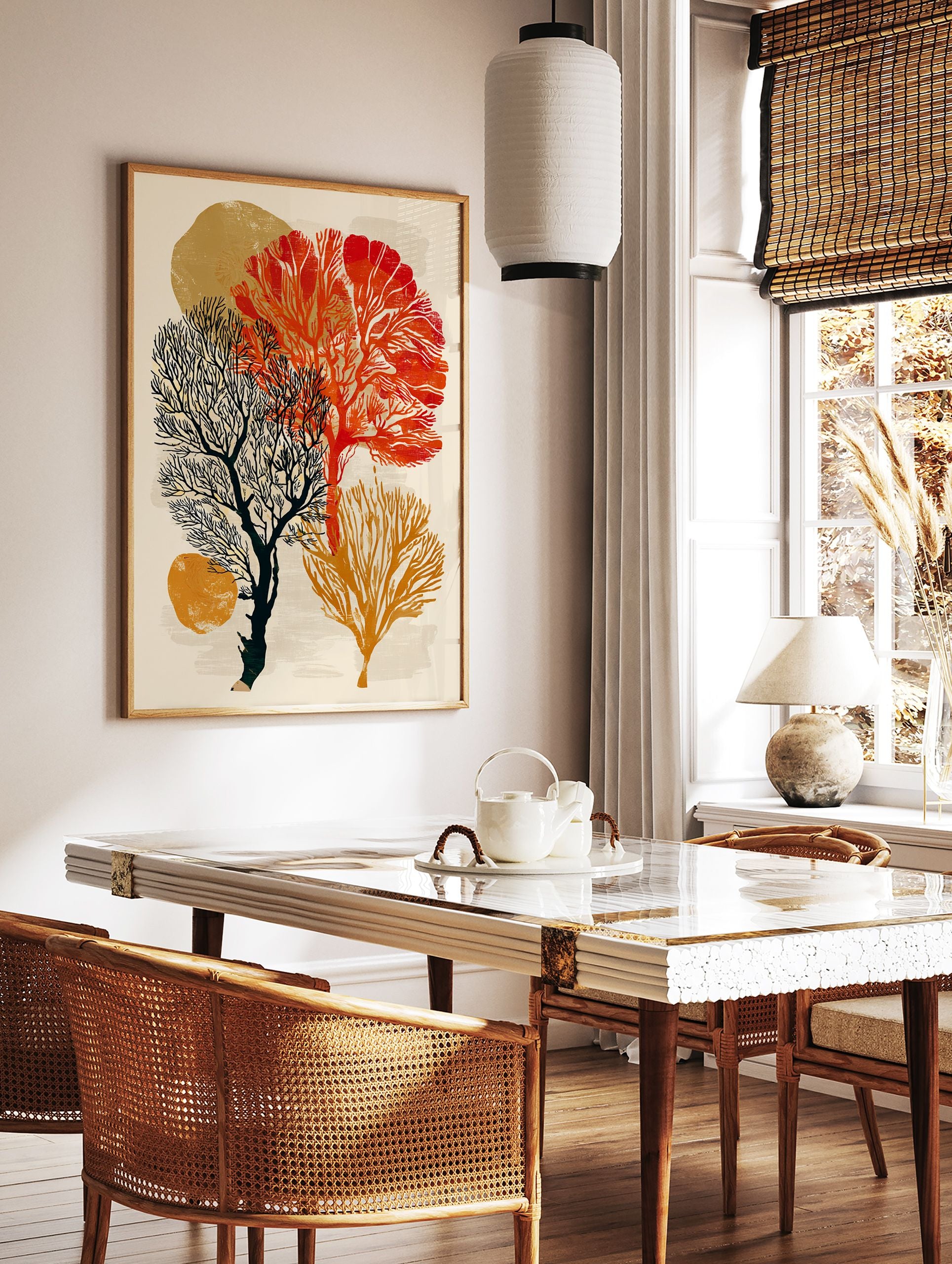 Abstract coral botanical wall art print featuring red, orange, and black stylized coral and tree-like forms on a light background. - Image 2