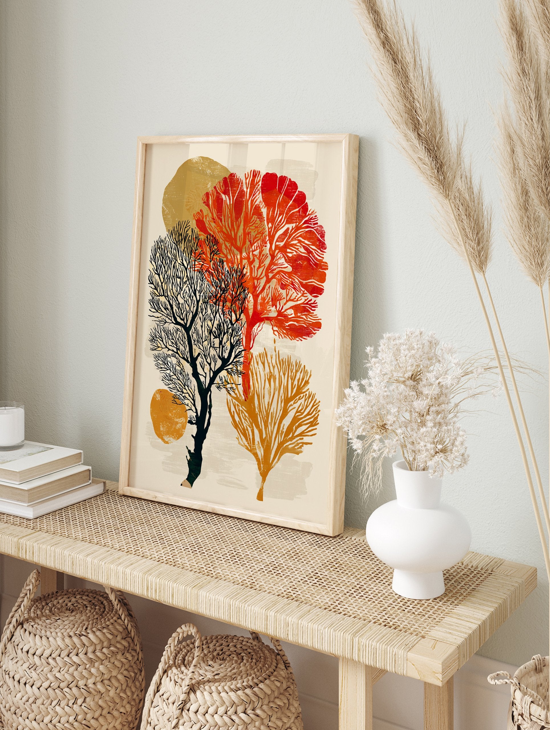 Abstract coral botanical wall art print featuring red, orange, and black stylized coral and tree-like forms on a light background. - Image 3