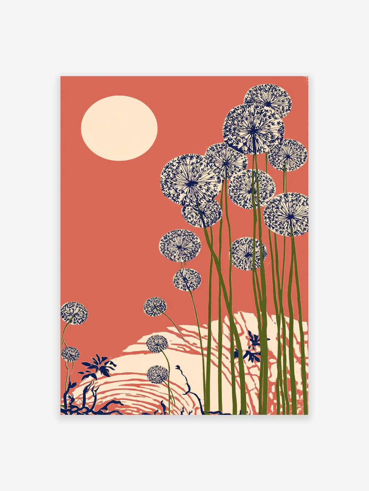 Illustrative coral dandelion wall art print with blue and cream seed puffs, green stems, and a cream sun on a coral background.