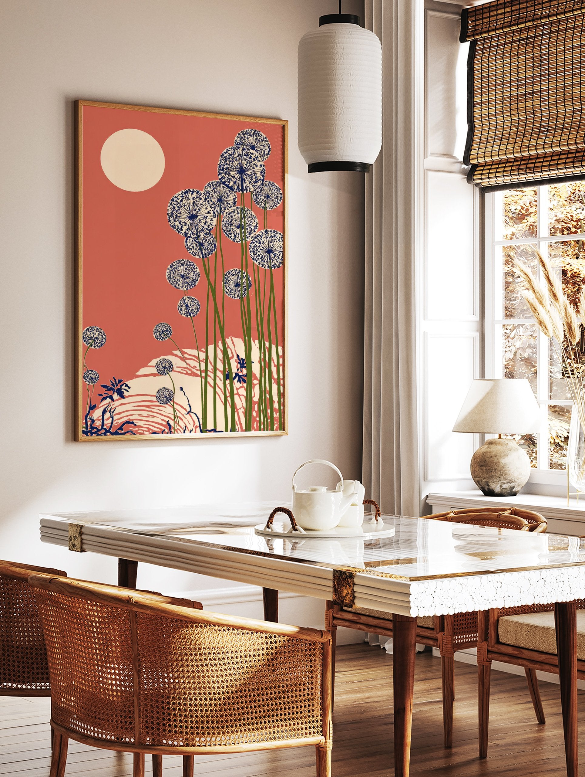 Illustrative coral dandelion wall art print with blue and cream seed puffs, green stems, and a cream sun on a coral background. - Image 2