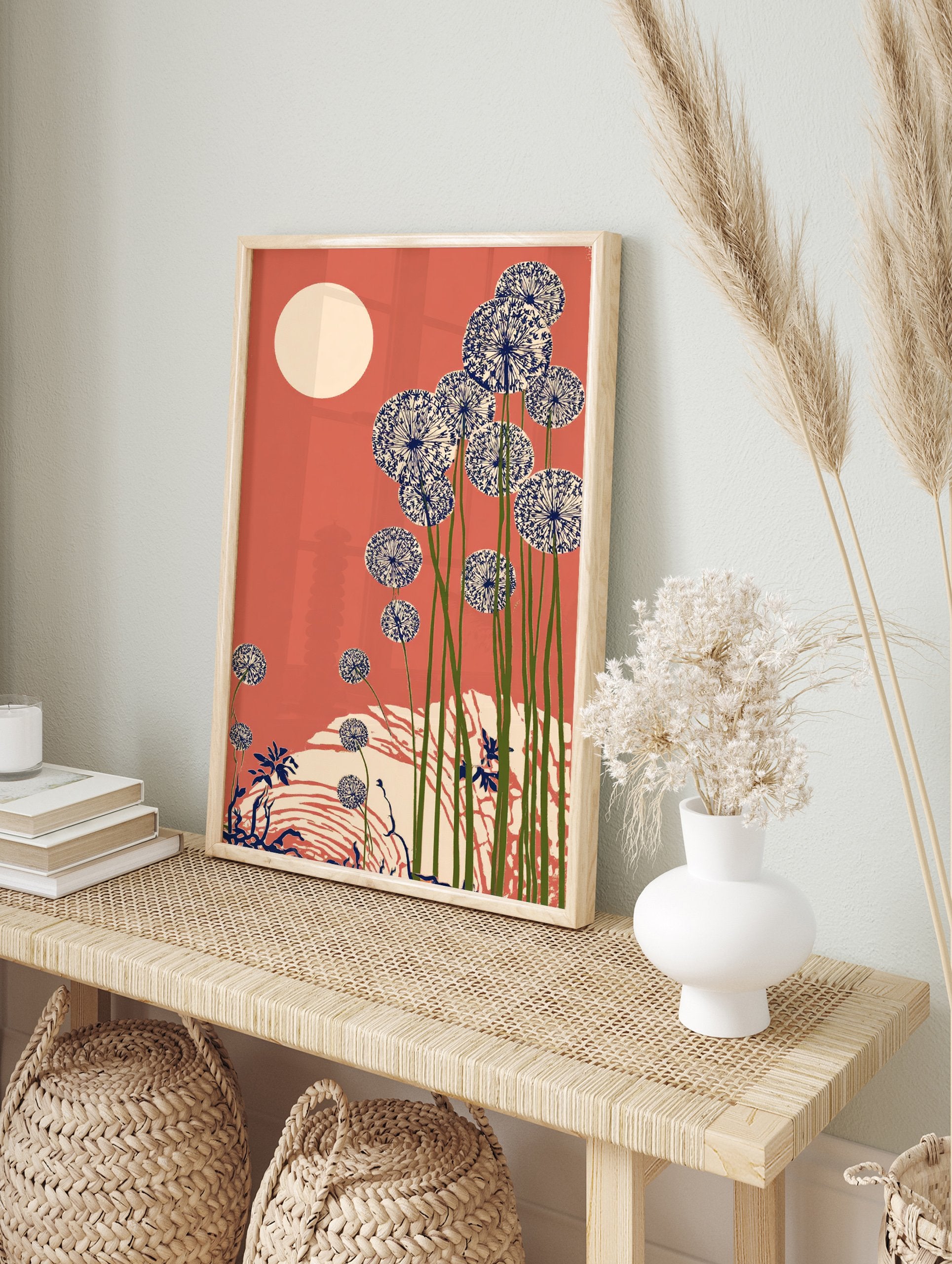 Illustrative coral dandelion wall art print with blue and cream seed puffs, green stems, and a cream sun on a coral background. - Image 3