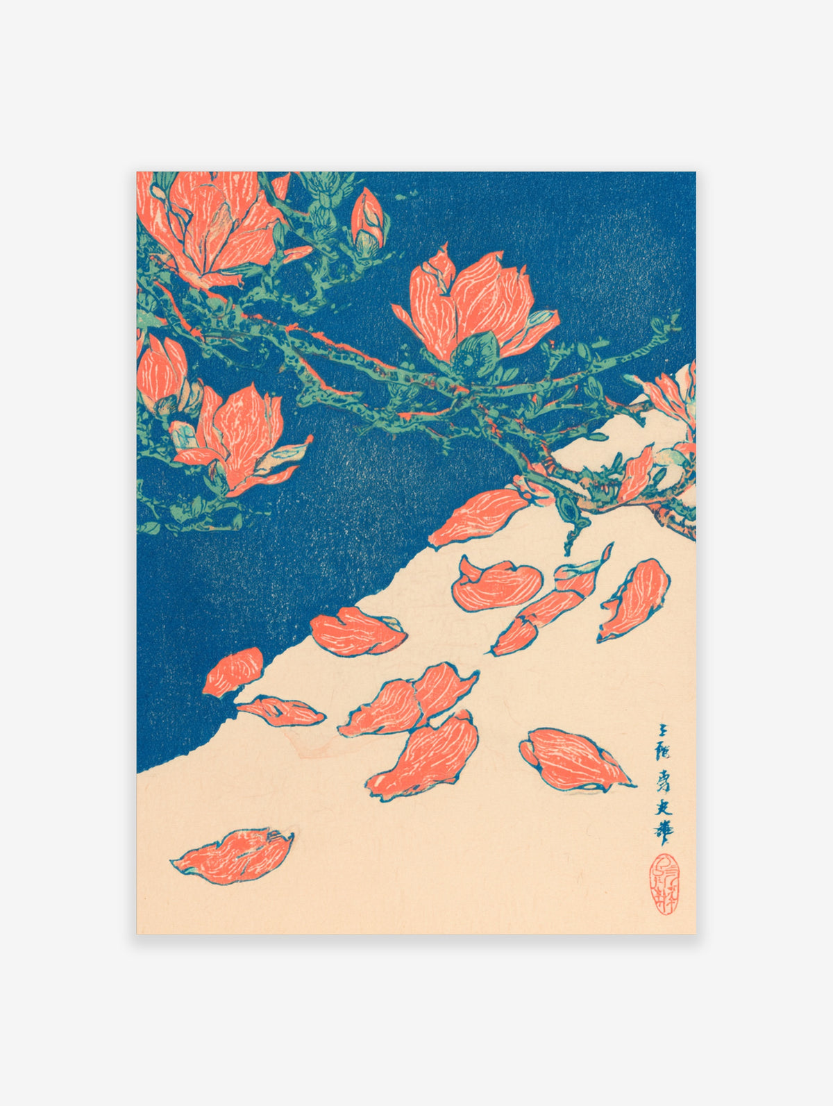 Coral magnolia flower print with falling petals on deep blue and cream Japanese woodblock-style background