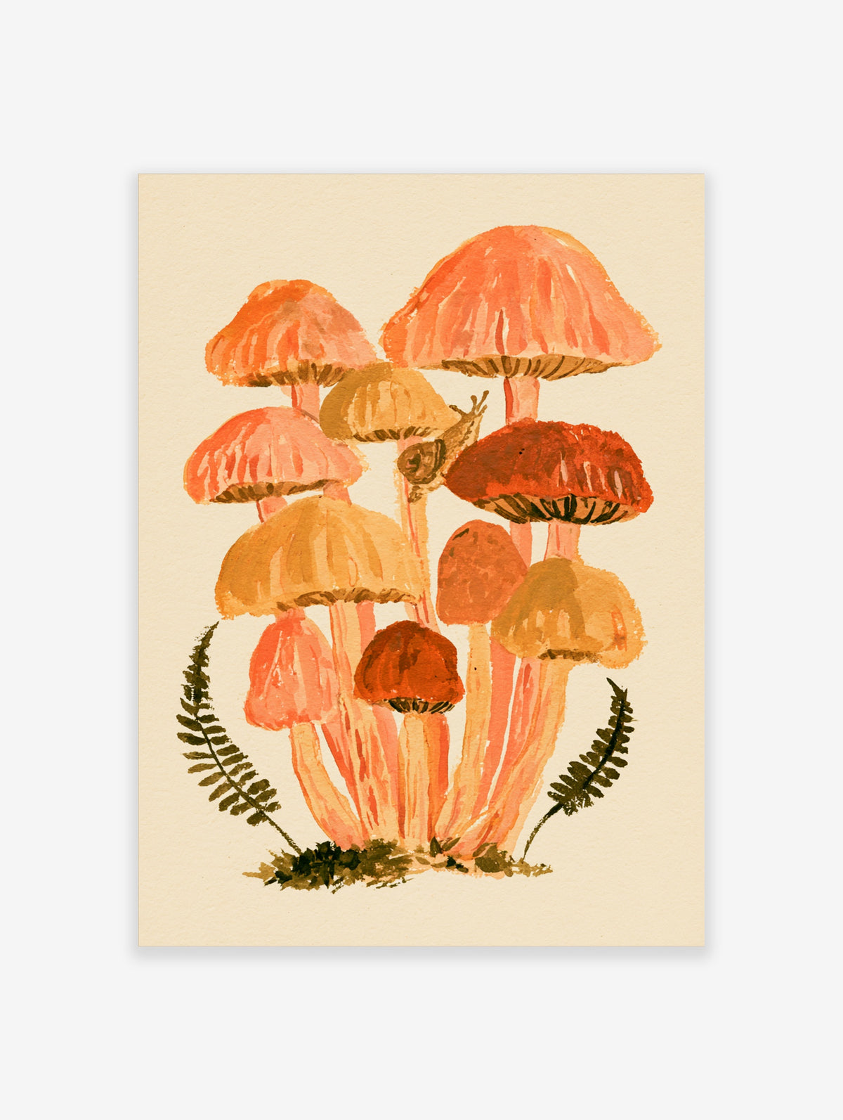 Coral mushroom botanical illustration art print with snail and fern fronds on cream background