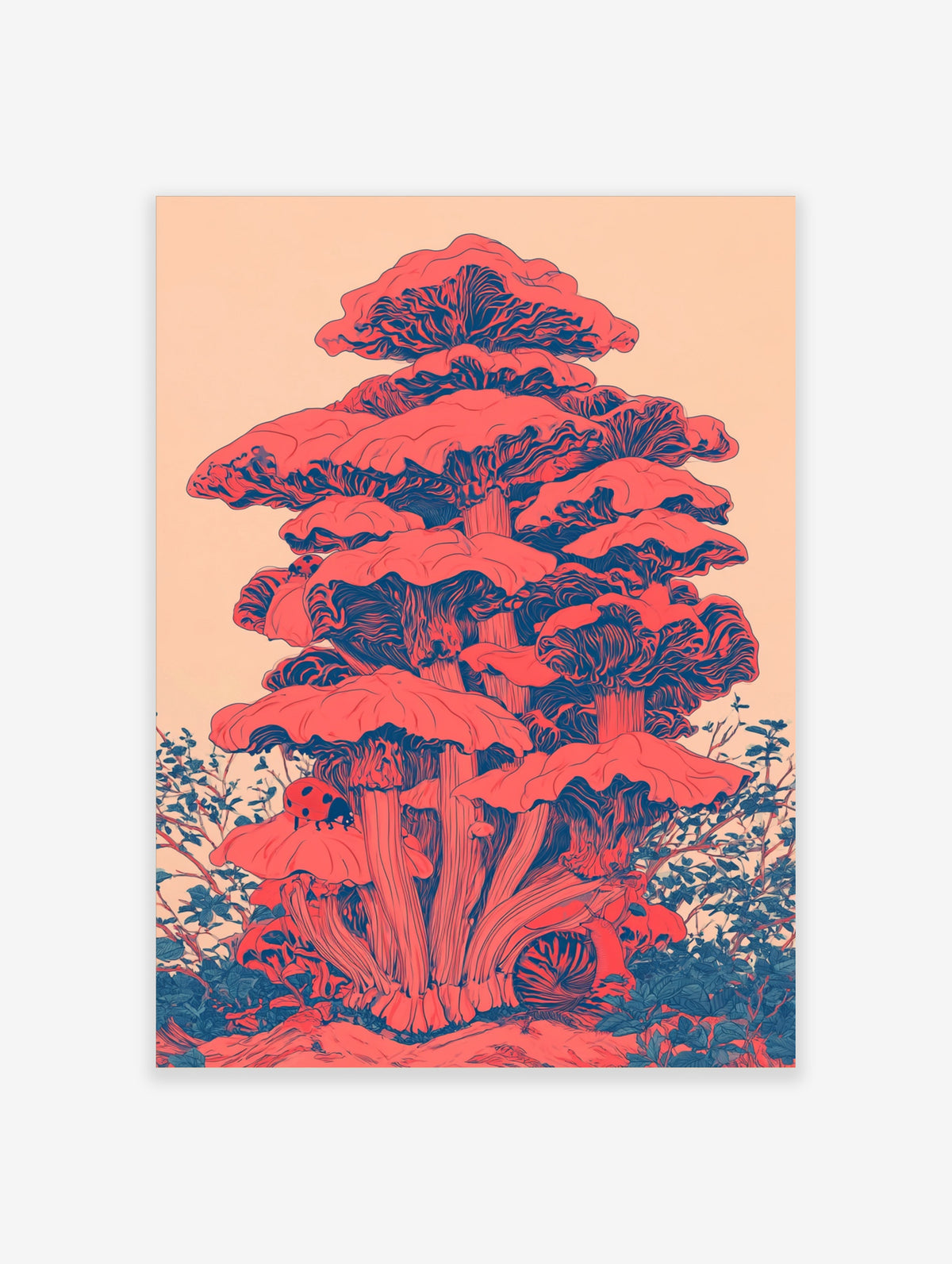 Coral mushroom illustration with layered caps and blue gills, ladybird on lower cap, pale peach background