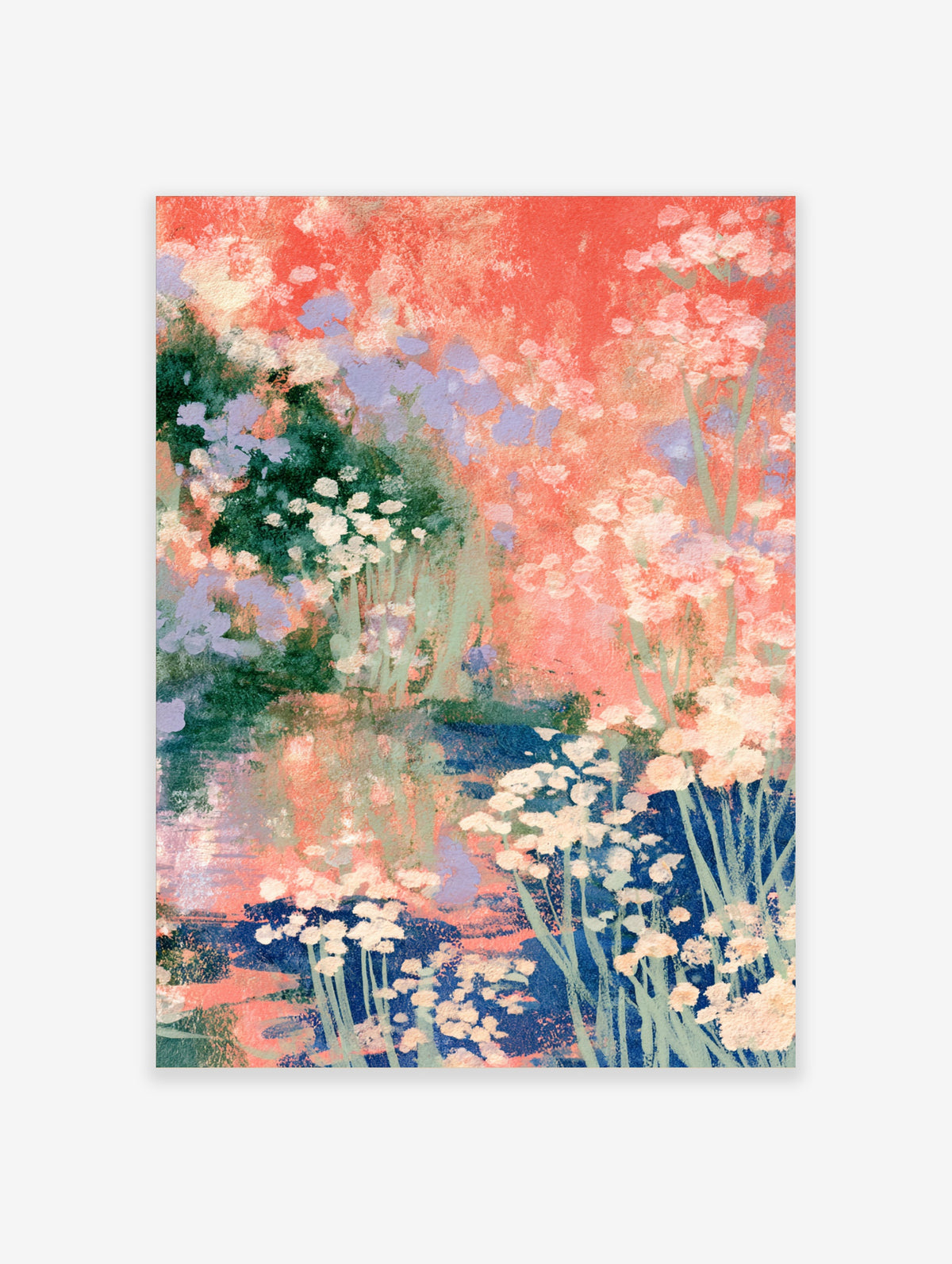 Coral pink floral meadow poster with white wildflowers, green foliage and blue water reflection