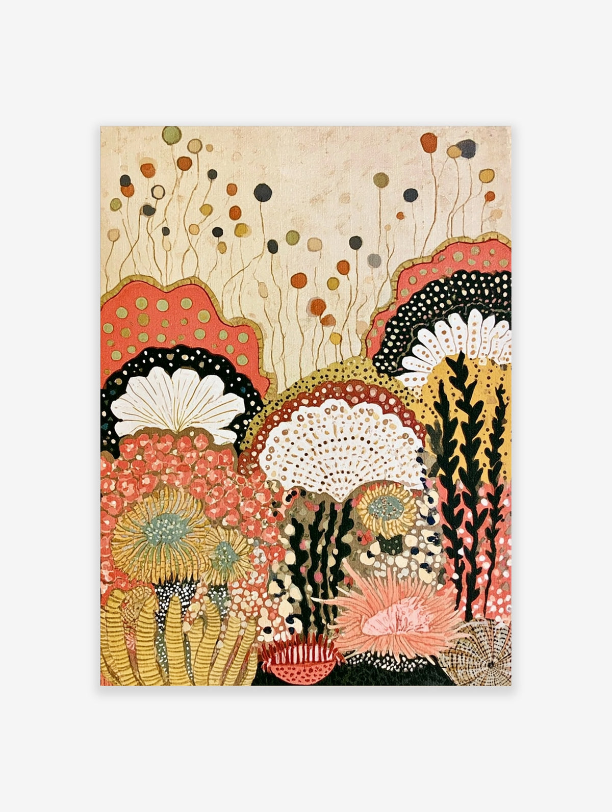 Abstract coral reef poster with sea fans, dotted coral, and seaweed in pink, mustard, and black on cream
