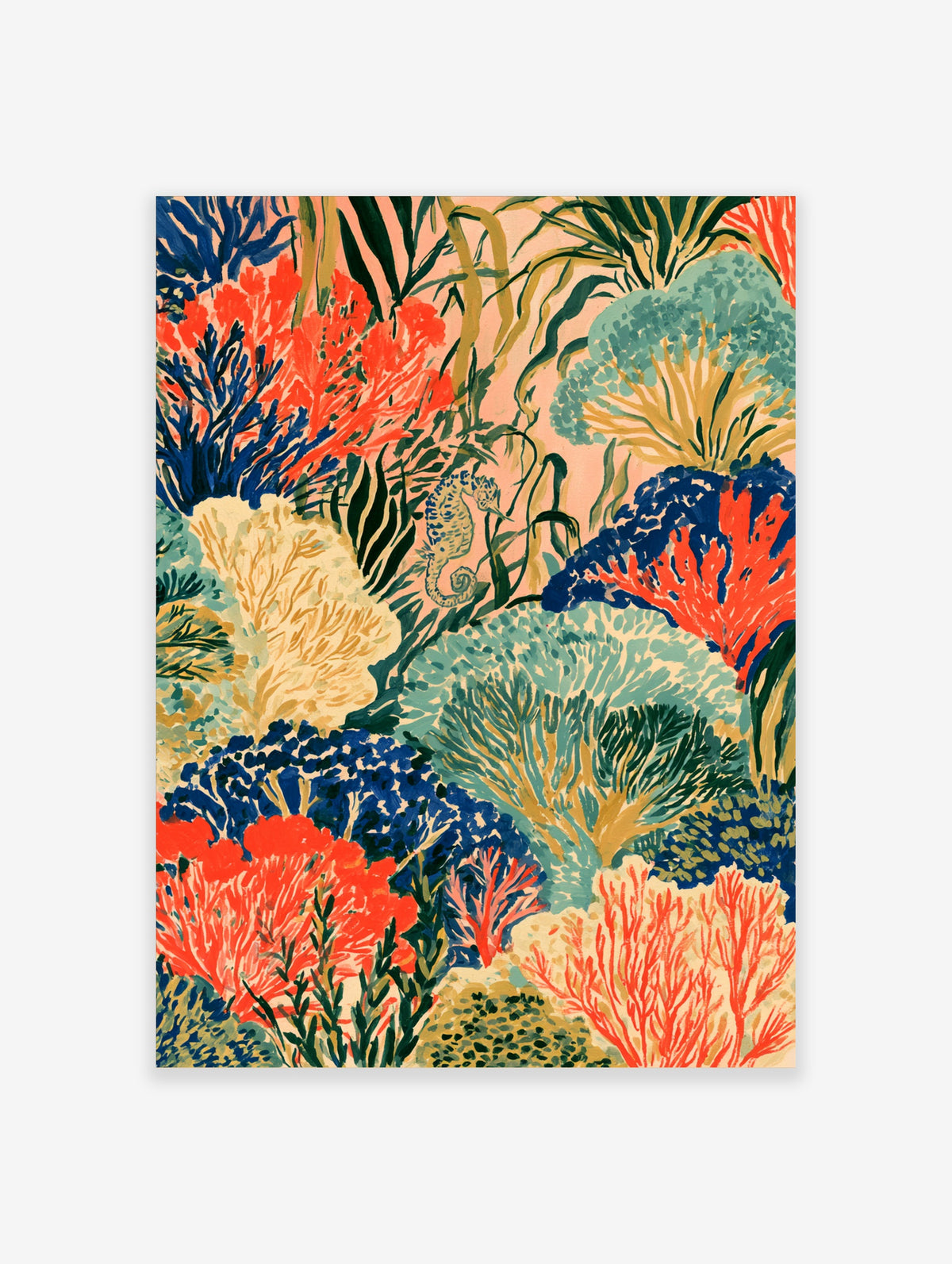 Colourful coral reef poster with seahorse, red and blue coral, green seaweed on peach background