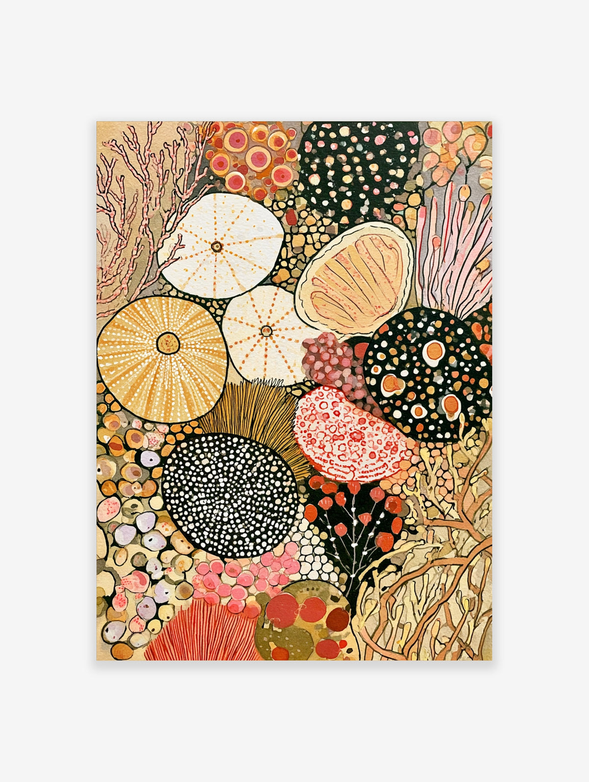 Coral reef poster with sea urchins, coral branches, and pebbles in orange, pink, and black