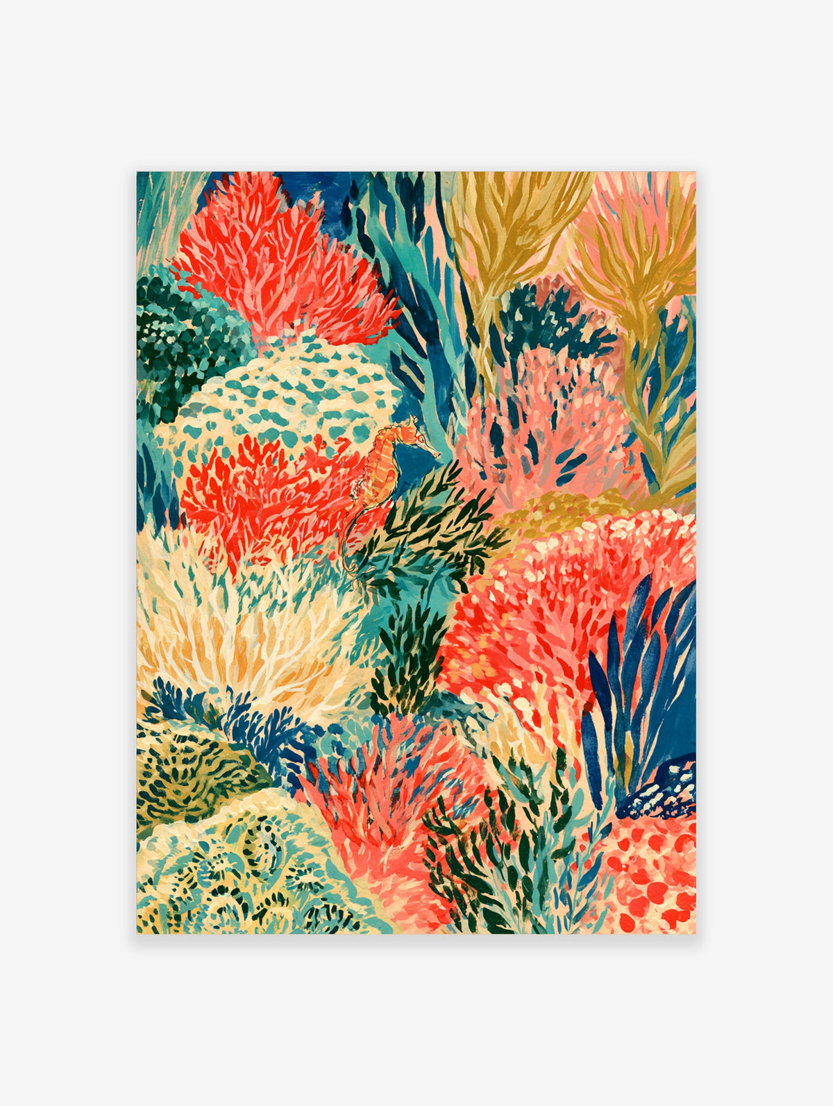 Colourful coral reef art print with seahorse among red, pink and teal corals