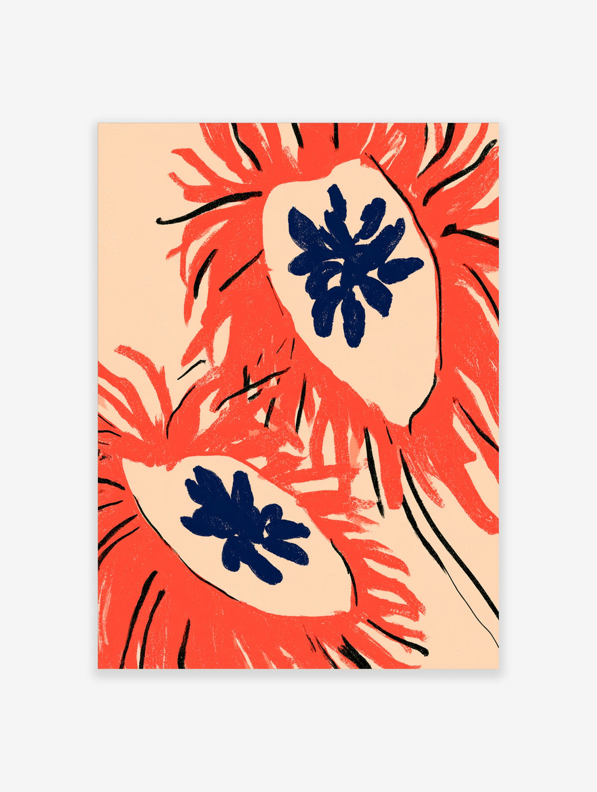 Coral reef art print with red-orange fronds and navy blue anemone shapes on cream