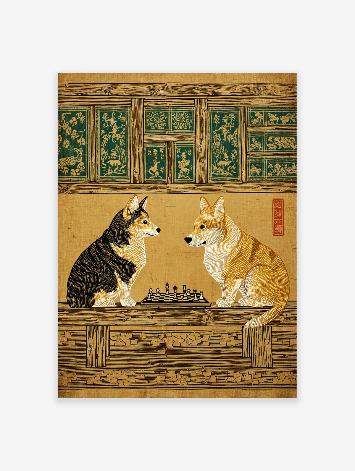 Corgi dogs playing chess in Japanese woodblock style art print with green decorative panels