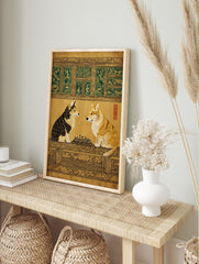 Corgi dogs playing chess in Japanese woodblock style art print with green decorative panels, in an alternate framed mockup