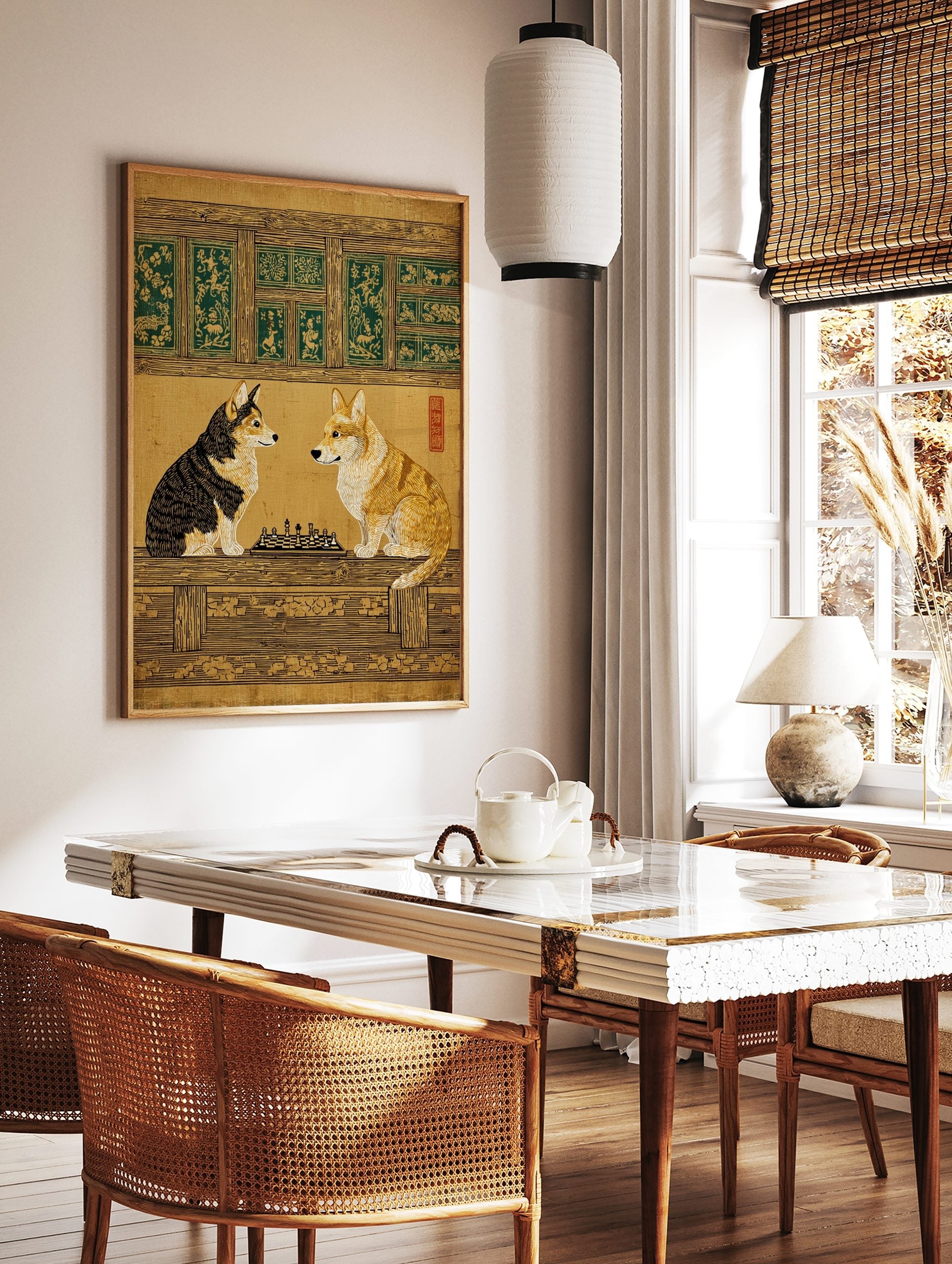 Corgi dogs playing chess in Japanese woodblock style art print with green decorative panels, in a styled room mockup
