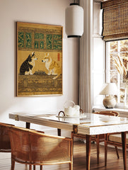 Corgi dogs playing chess in Japanese woodblock style art print with green decorative panels, in a styled room mockup