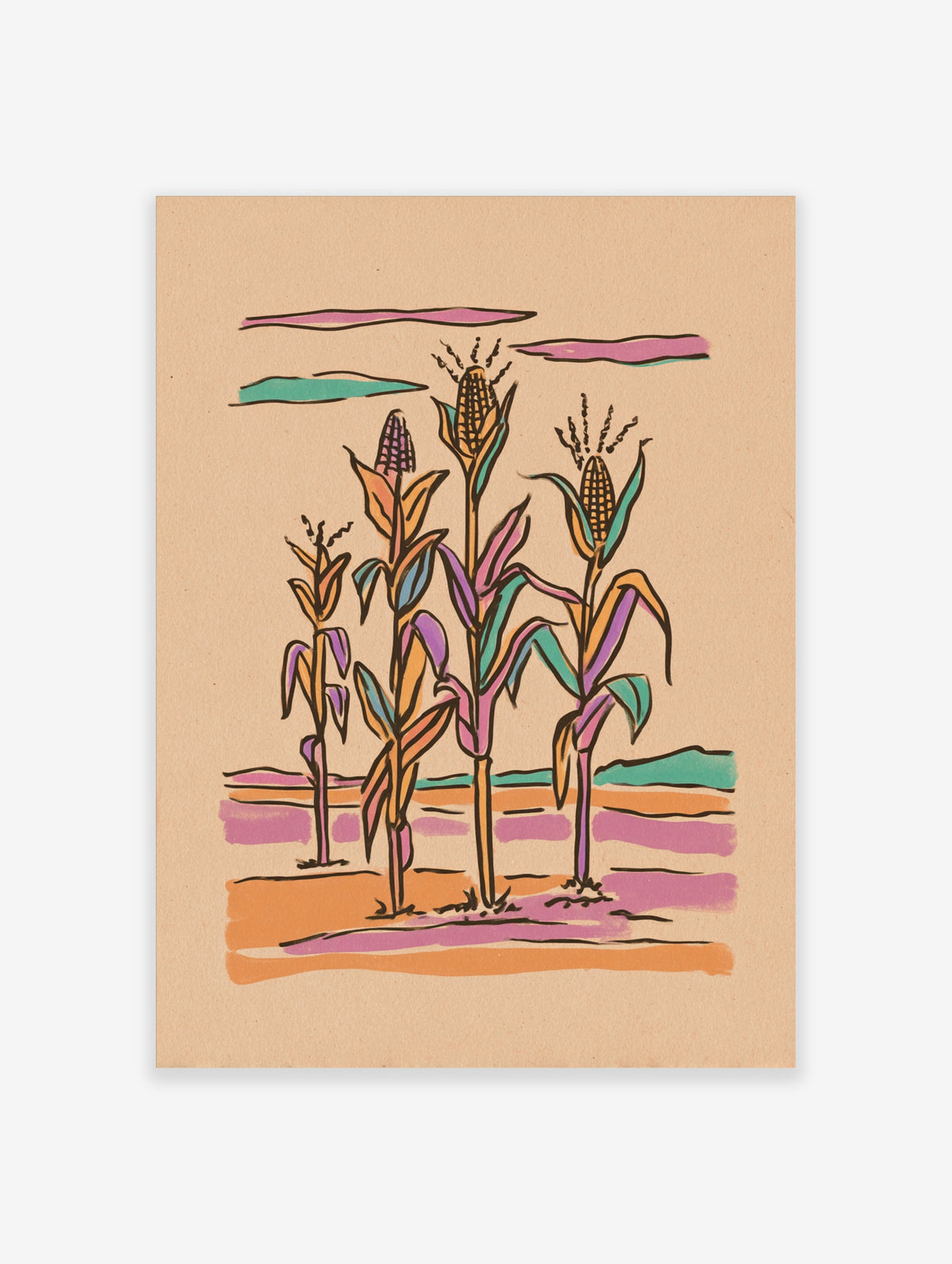 Colourful illustration of four corn plants with purple, orange, teal leaves and striped ground on beige background