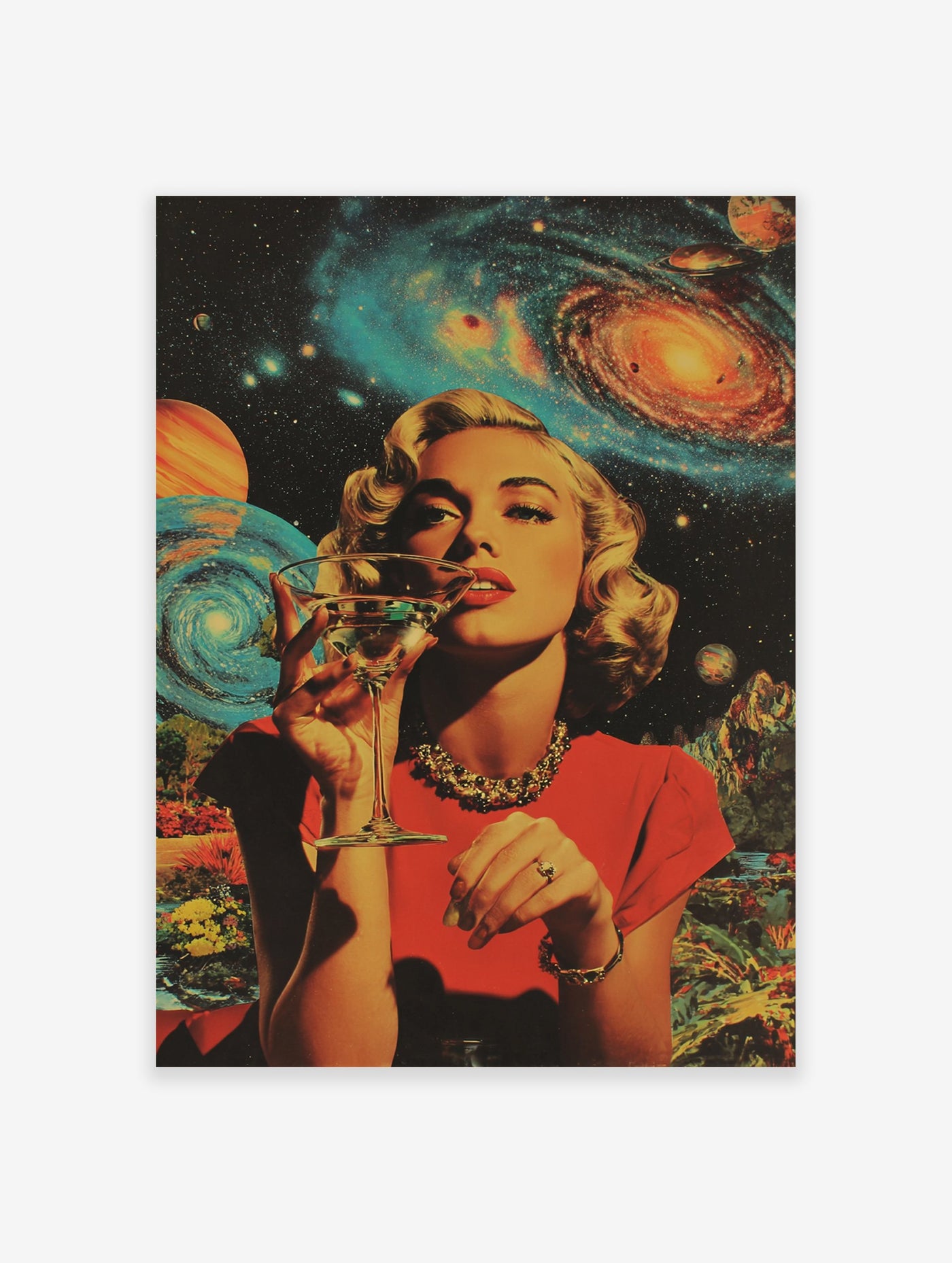 Retro woman in a red dress drinking a cocktail, set against a vibrant space background with galaxies and planets poster.