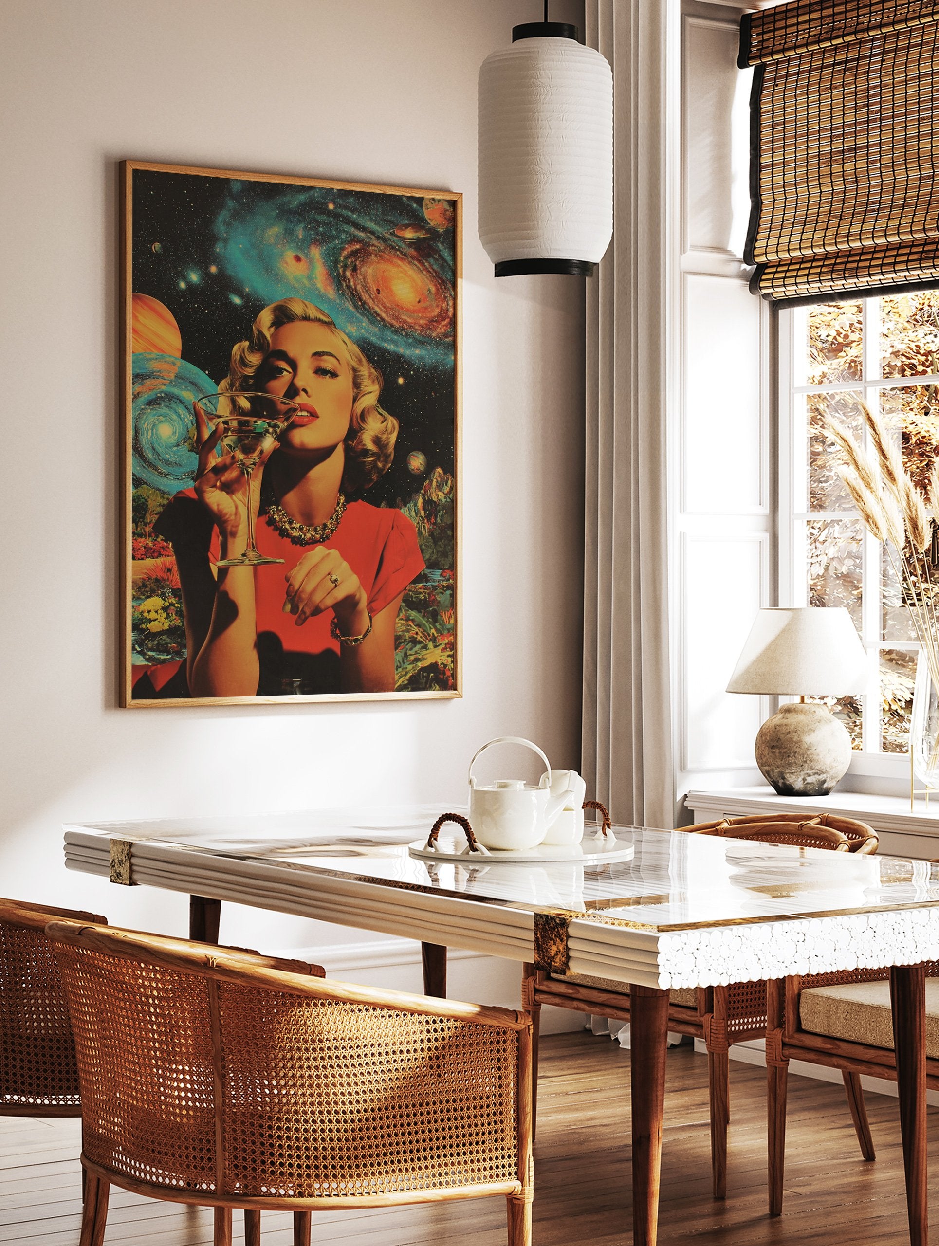 Retro woman in a red dress drinking a cocktail, set against a vibrant space background with galaxies and planets poster. - Image 2