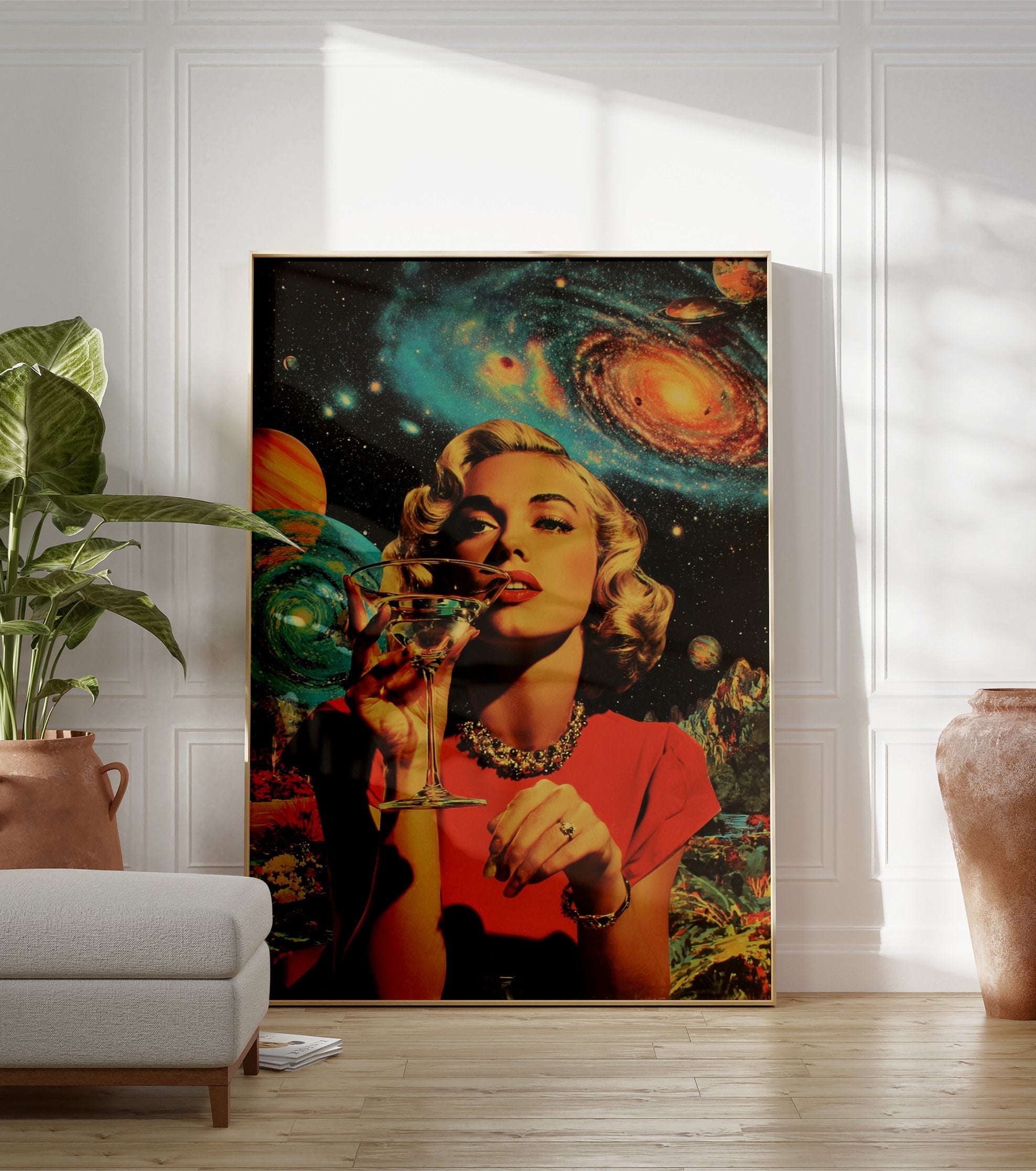 Retro woman in a red dress drinking a cocktail, set against a vibrant space background with galaxies and planets poster. - Image 3