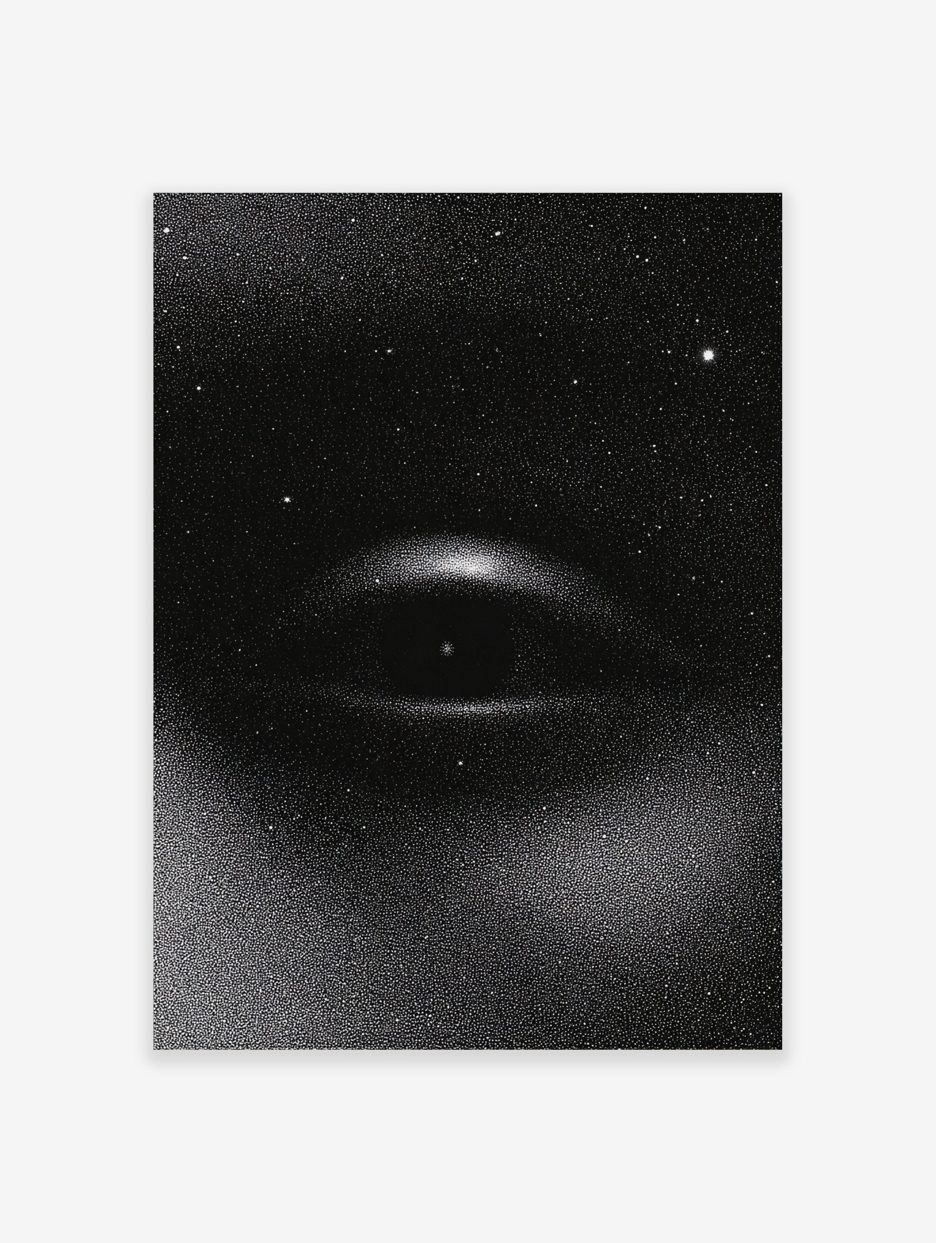 Monochrome stipple print of a cosmic eye with stars on a black background, unframed wall art