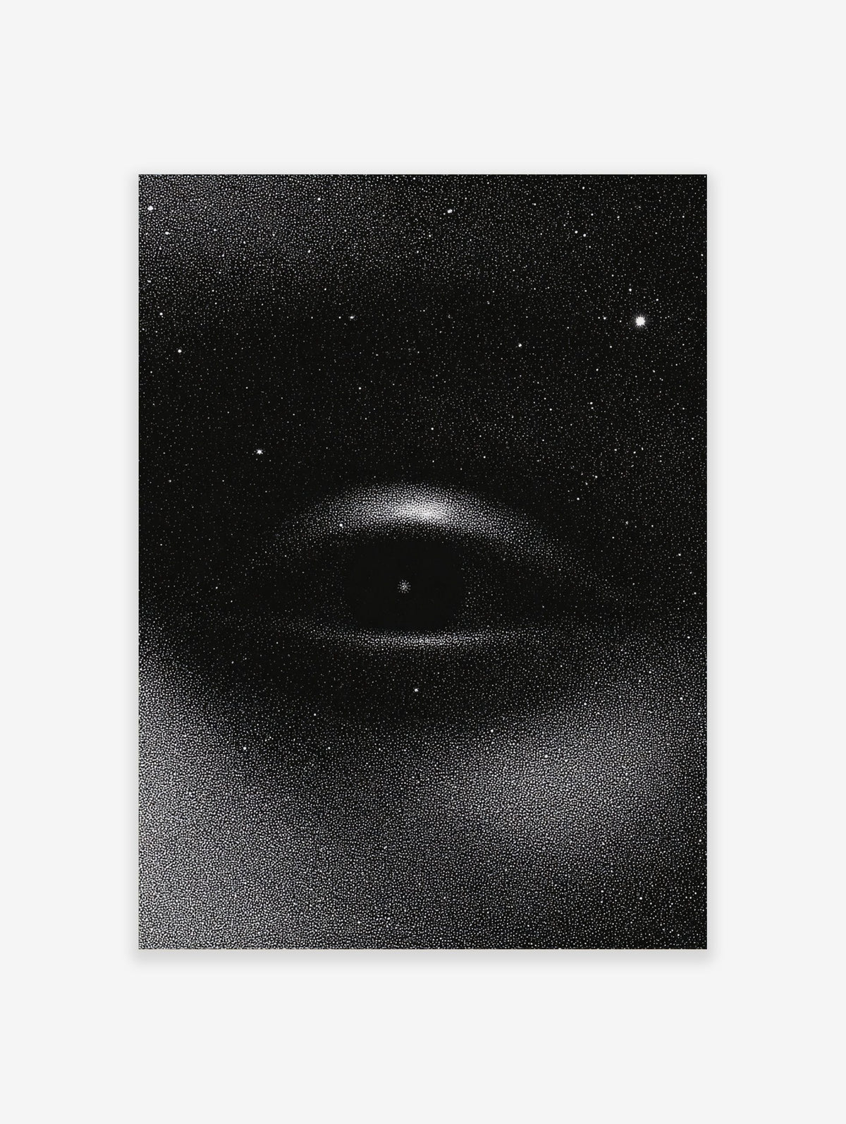 Monochrome stipple print of a cosmic eye with stars on a black background, unframed wall art