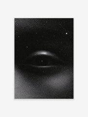 Monochrome stipple print of a cosmic eye with stars on a black background, unframed wall art