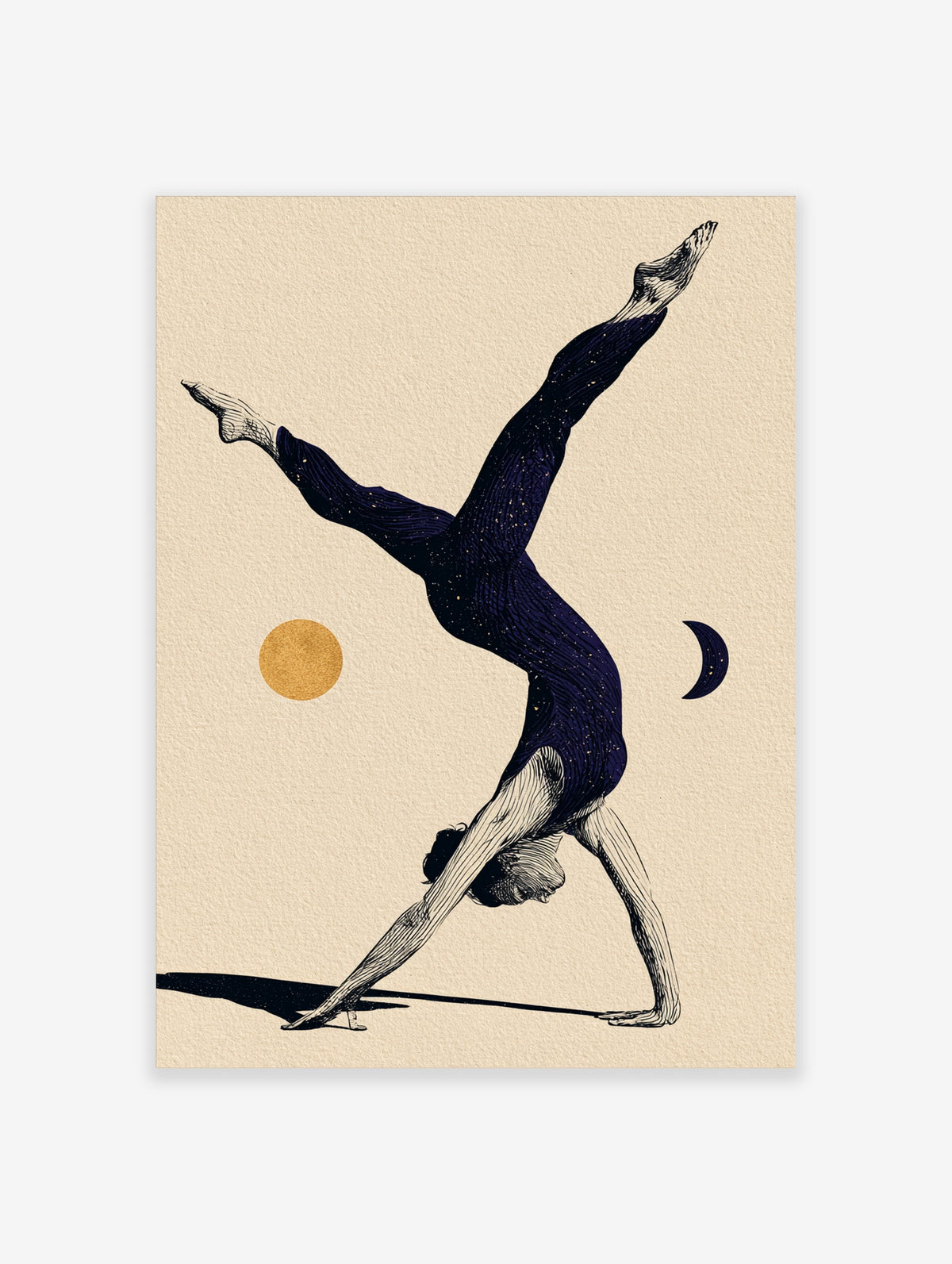Navy blue gymnast in handstand split with starry body, gold sun and crescent moon on beige background art print