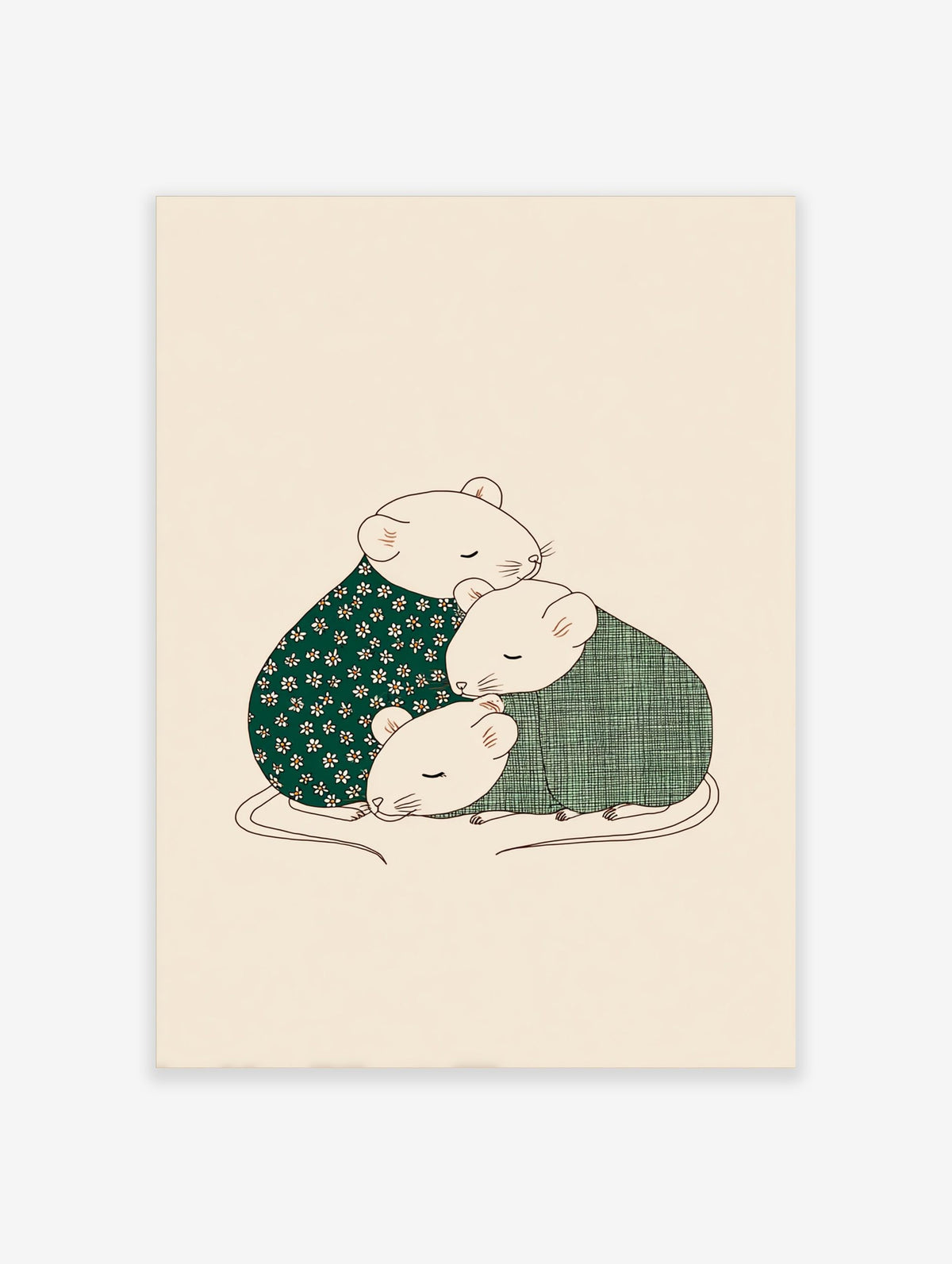 Illustration of three cosy mice huddled together, one in floral green, two in green plaid, on a light background
