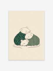 Illustration of three cosy mice huddled together, one in floral green, two in green plaid, on a light background