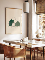 Illustration of three cosy mice huddled together, one in floral green, two in green plaid, on a, in a styled room mockup