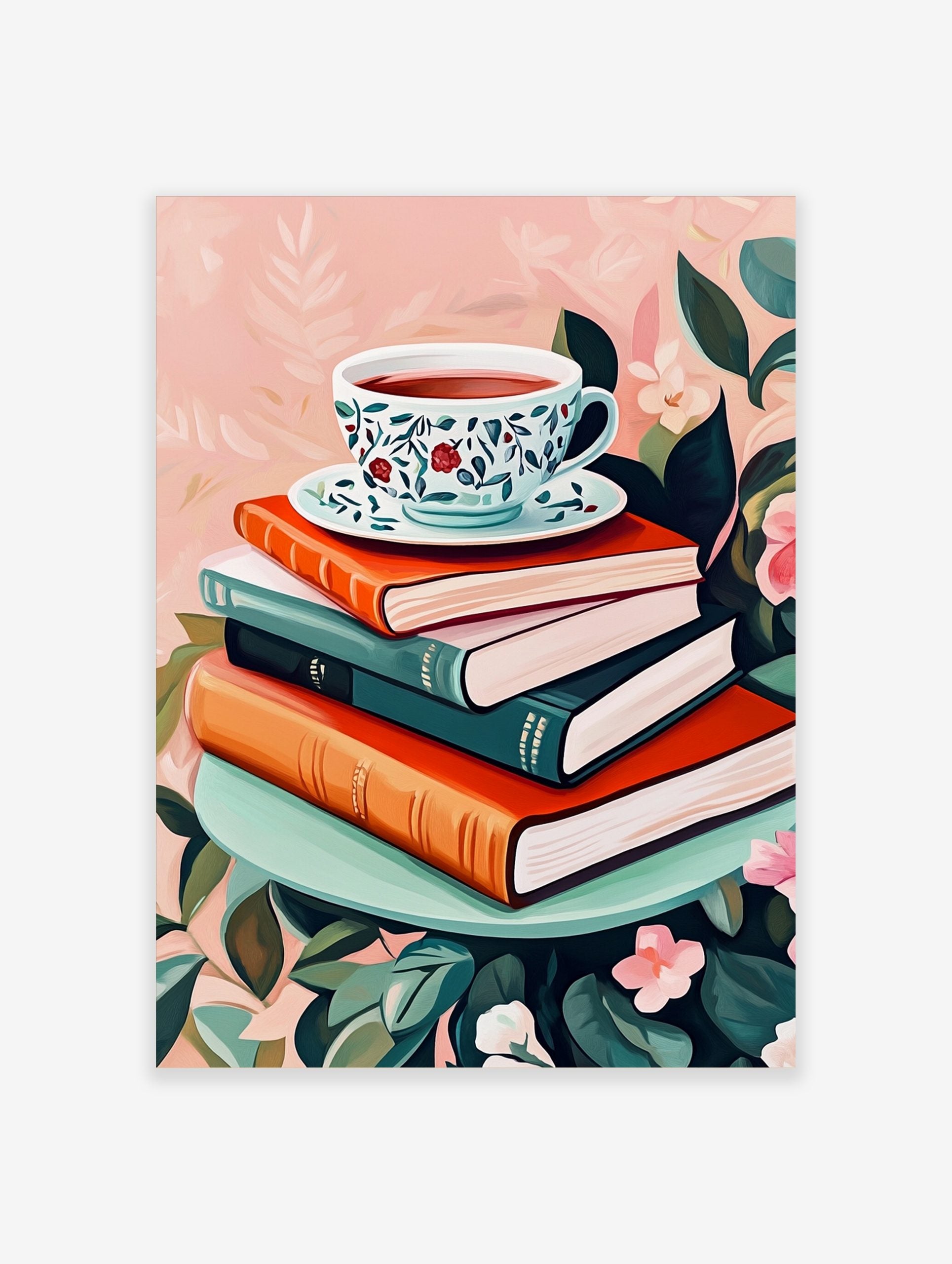Illustrative art print of a floral teacup on a stack of books, surrounded by green leaves and pink flowers