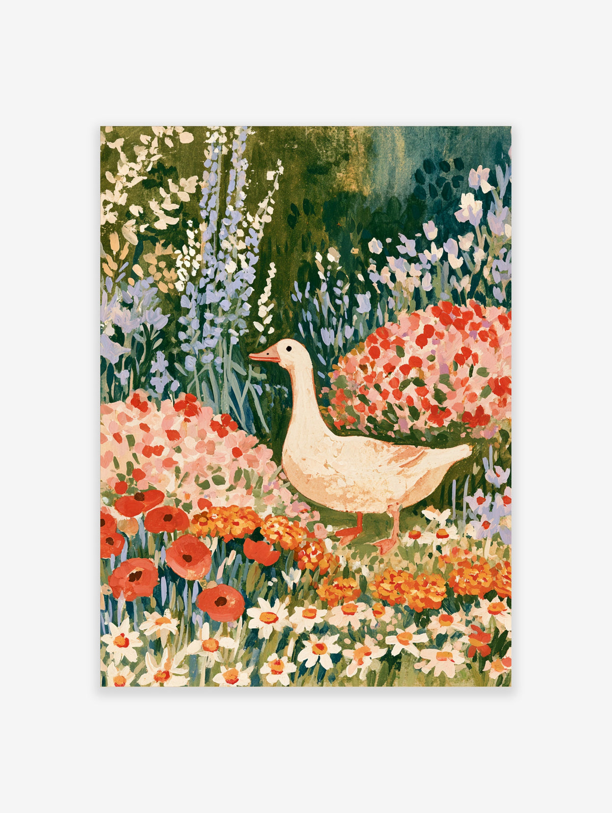 Cottage garden goose art print with white goose among pink, red and blue flowers