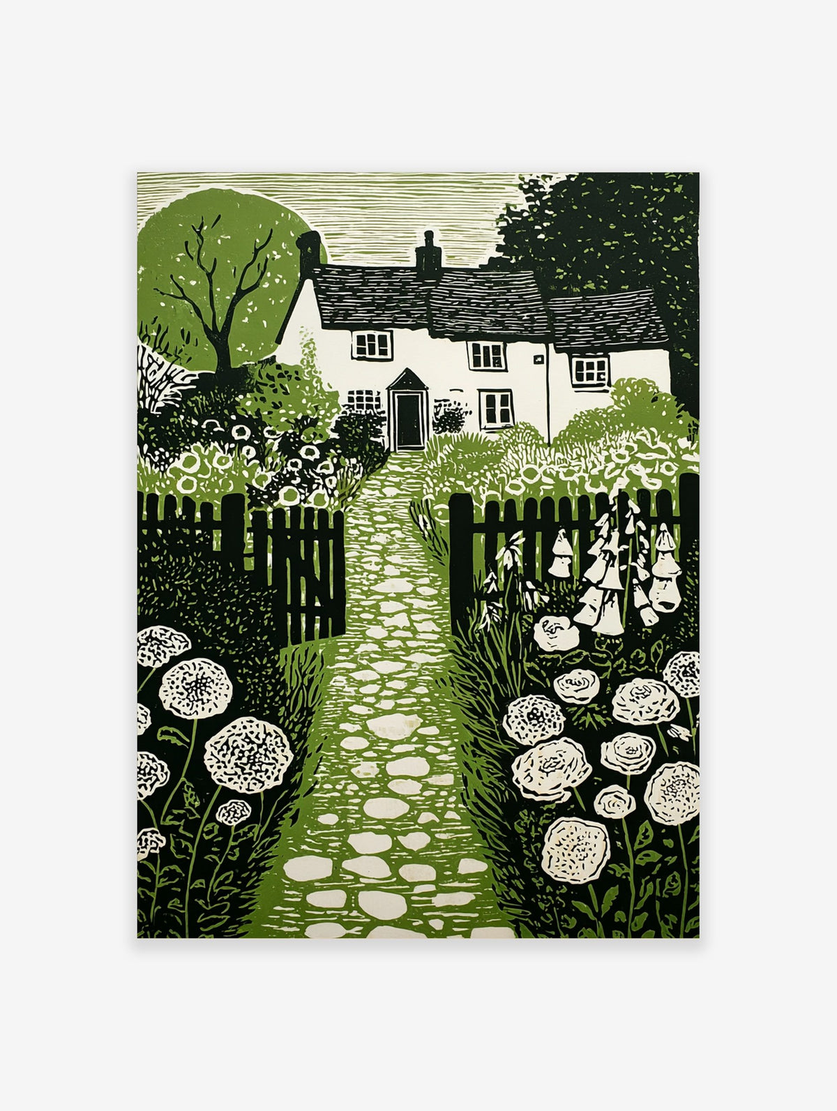 Cottage garden green linocut print with house, stone path, picket fence, foxgloves, and allium flowers