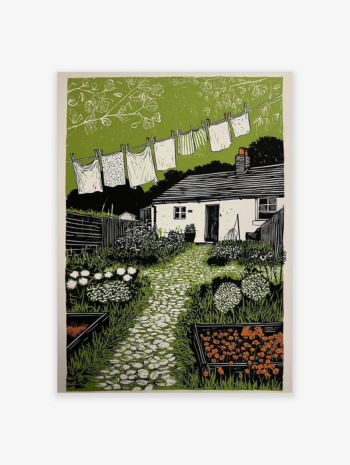 Linocut style art print of a cottage garden with a washing line, stone path, and green foliage