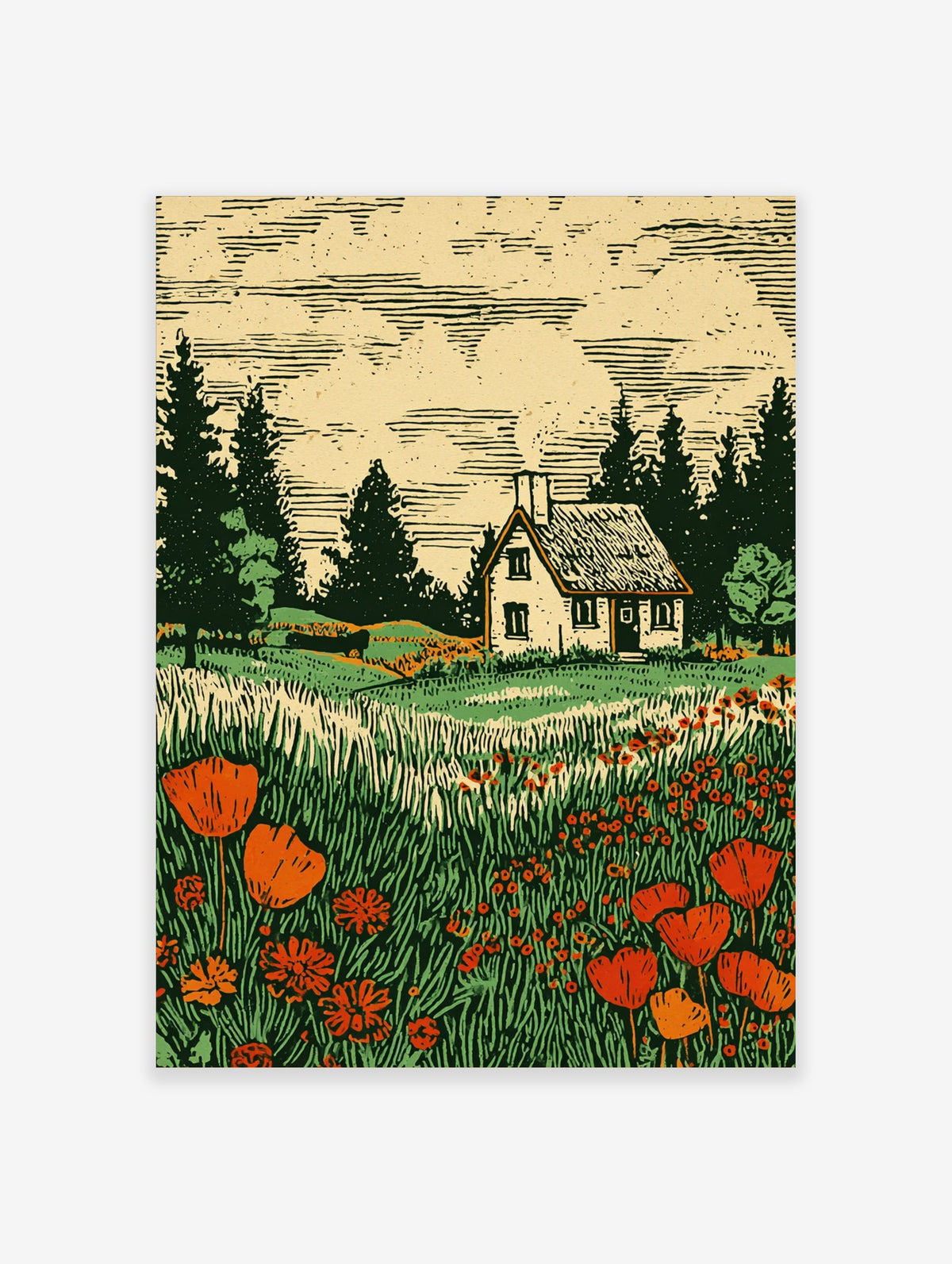 Woodcut print of a white cottage in a field of red poppies and tall green grass with pine trees