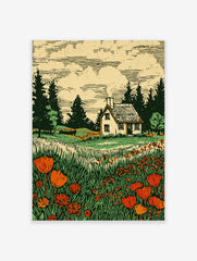 Woodcut print of a white cottage in a field of red poppies and tall green grass with pine trees