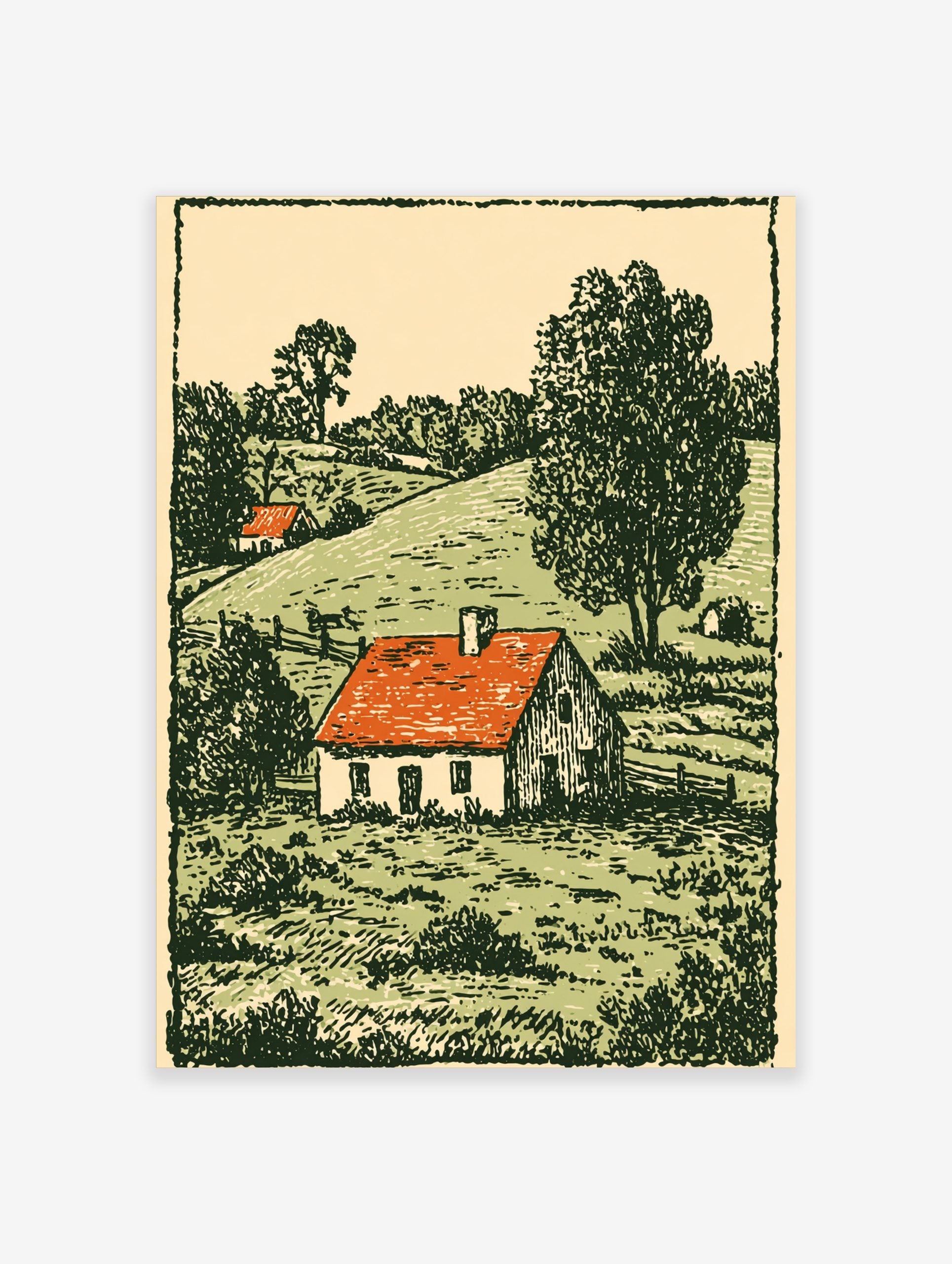Woodcut style print of a white farmhouse with a red roof in a green, hilly countryside landscape