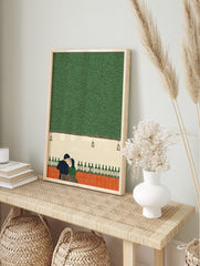 Illustrative print of a couple at a bar with green bottles and a textured green wall, in an alternate framed mockup