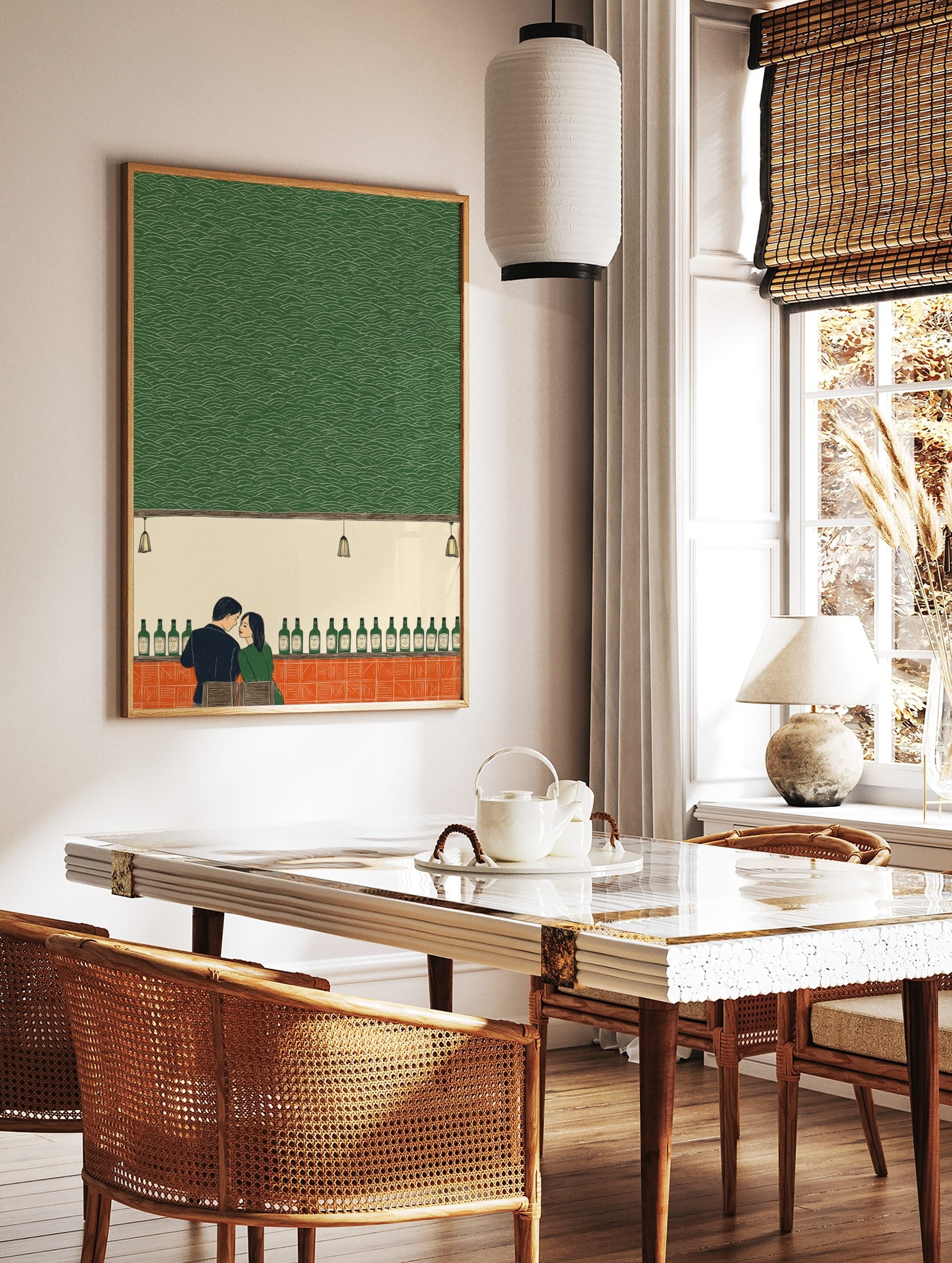 Illustrative print of a couple at a bar with green bottles and a textured green wall background, in a styled room mockup