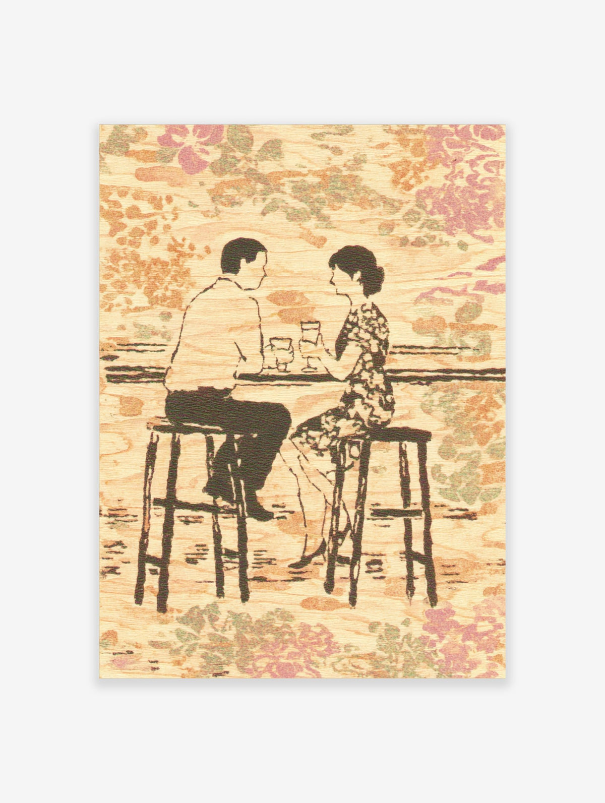 Illustrative print of a couple at a bar, holding drinks, against a wood-grain and floral pattern background