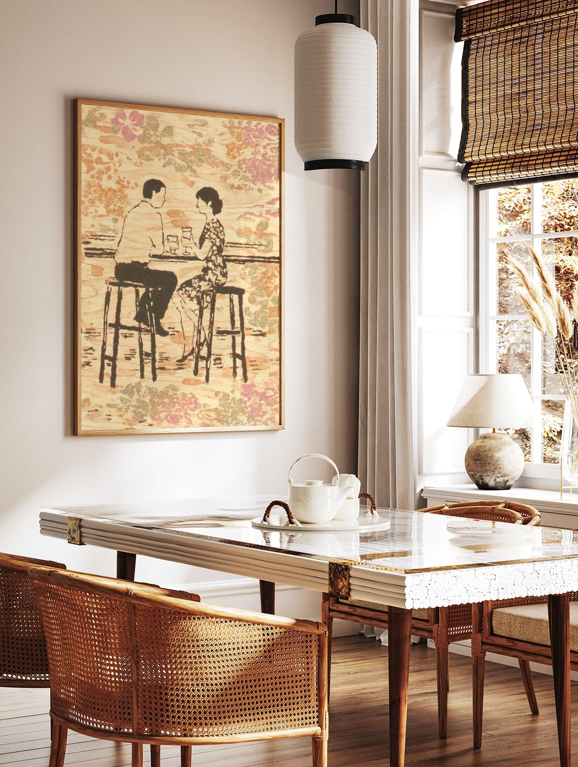 Illustrative print of a couple at a bar, holding drinks, against a wood-grain and floral pattern, in a styled room mockup