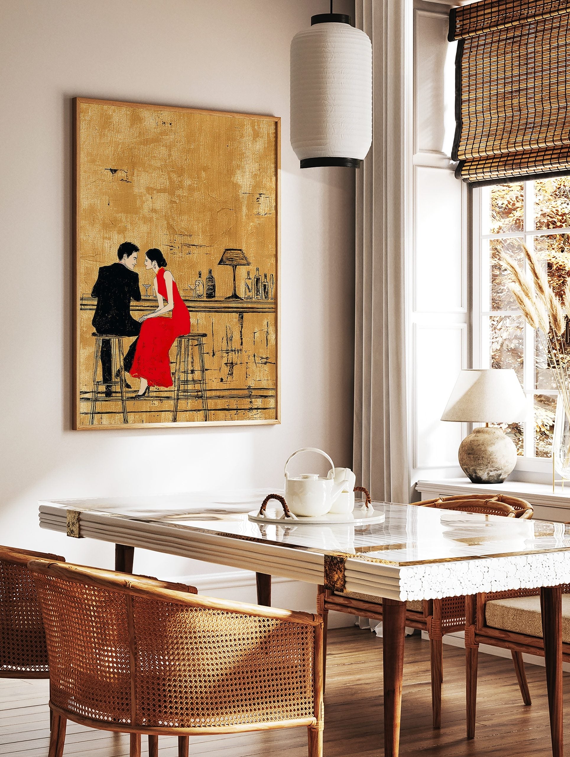 Illustrative art print of a couple on a date, man in black suit, woman in red dress at a bar with, in a styled room mockup