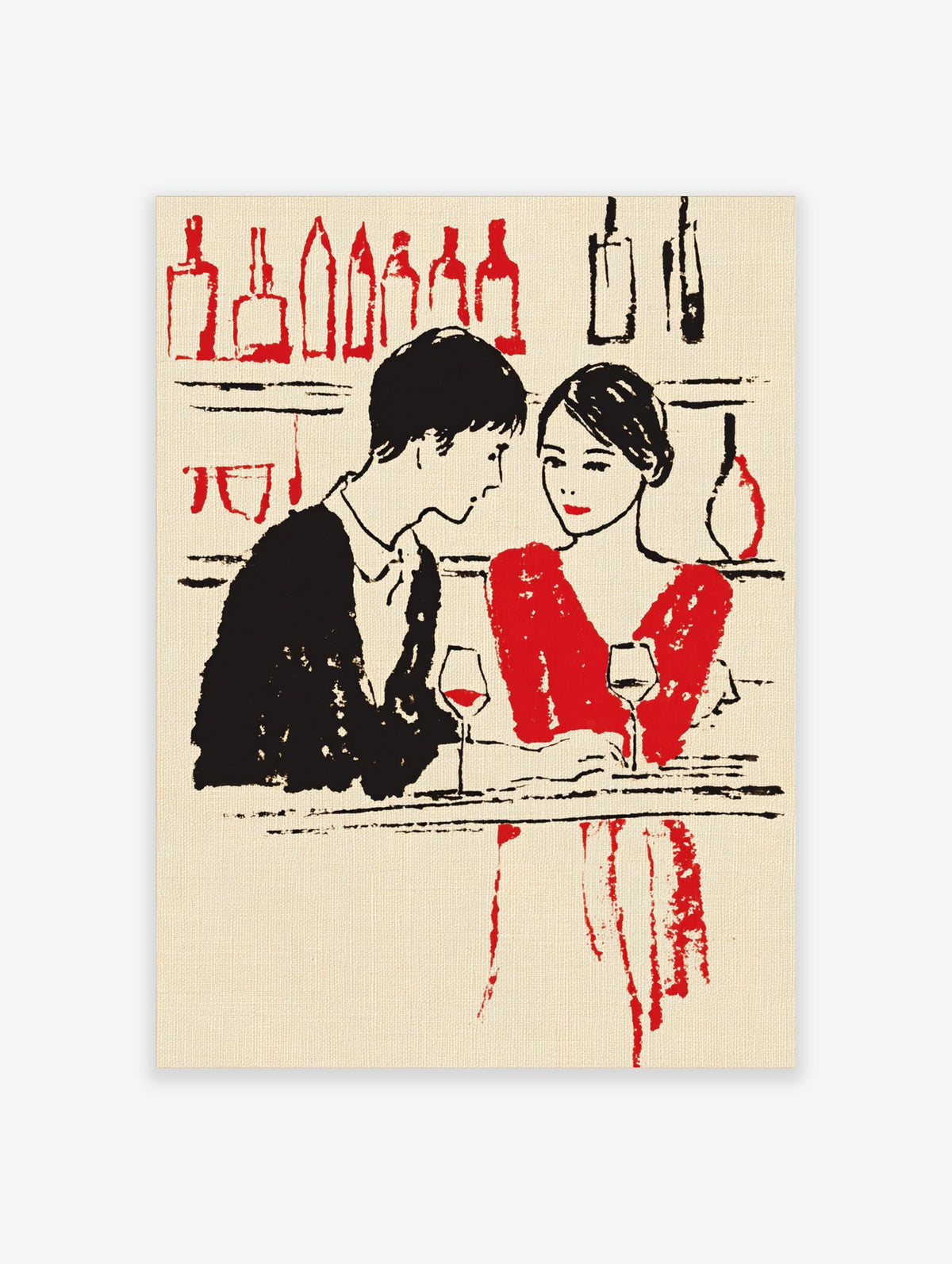 Illustrative art print of a couple drinking red wine at a bar, with red and black bottles in the background