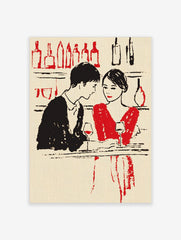 Illustrative art print of a couple drinking red wine at a bar, with red and black bottles in the background