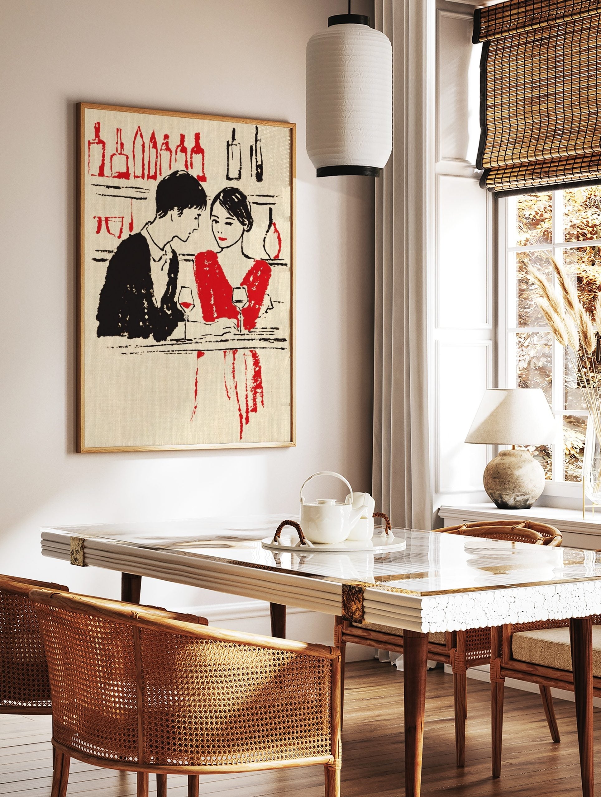 Illustrative art print of a couple drinking red wine at a bar, with red and black bottles in the, in a styled room mockup